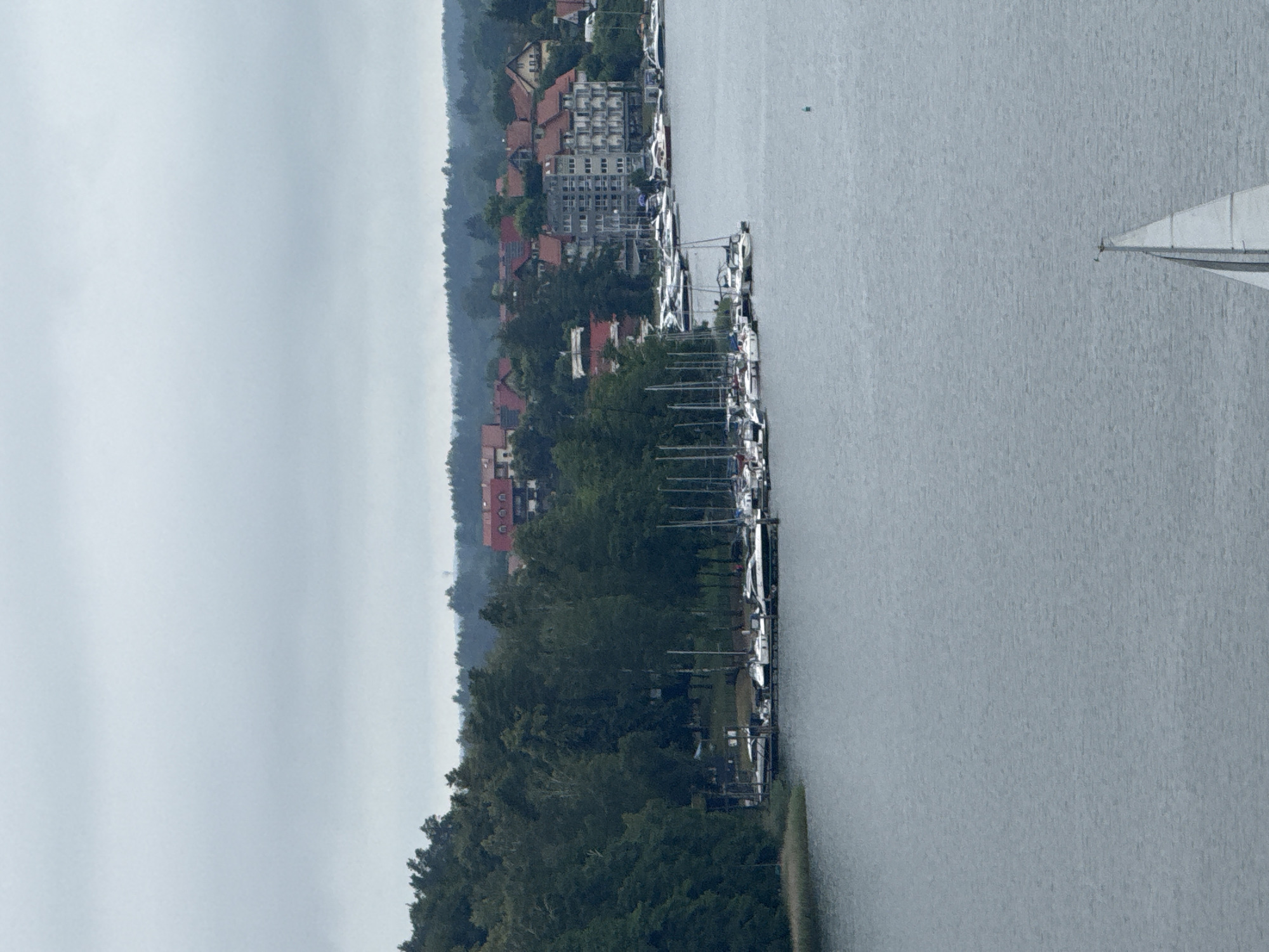 The image depicts a serene lakefront scene in Mikołajki, Poland. In the foreground, a large body of water occupies the majority of the frame, with a small, white sailboat with its sail raised visible in the lower right corner, heading away from the viewer. The middle ground showcases a bustling marina filled with numerous moored yachts and sailboats. Beyond the marina, a dense line of green trees forms a natural backdrop. Further inland, several buildings with red-tiled roofs and at least one multi-story, grey structure are nestled among the trees, suggesting a developed lakeside community. The sky is overcast with a light grey hue, casting a diffused light over the entire scene.