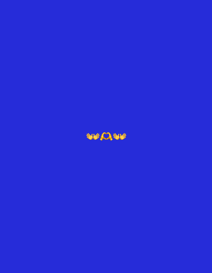 The image is a vertically oriented, full-frame, solid blue background. Centered in the lower half of the frame are four yellow hand emojis forming a heart shape. There are no discernable people, objects, or environmental details other than the emojis and the blue background. The location in Gorzow, Poland is not indicated in the image.