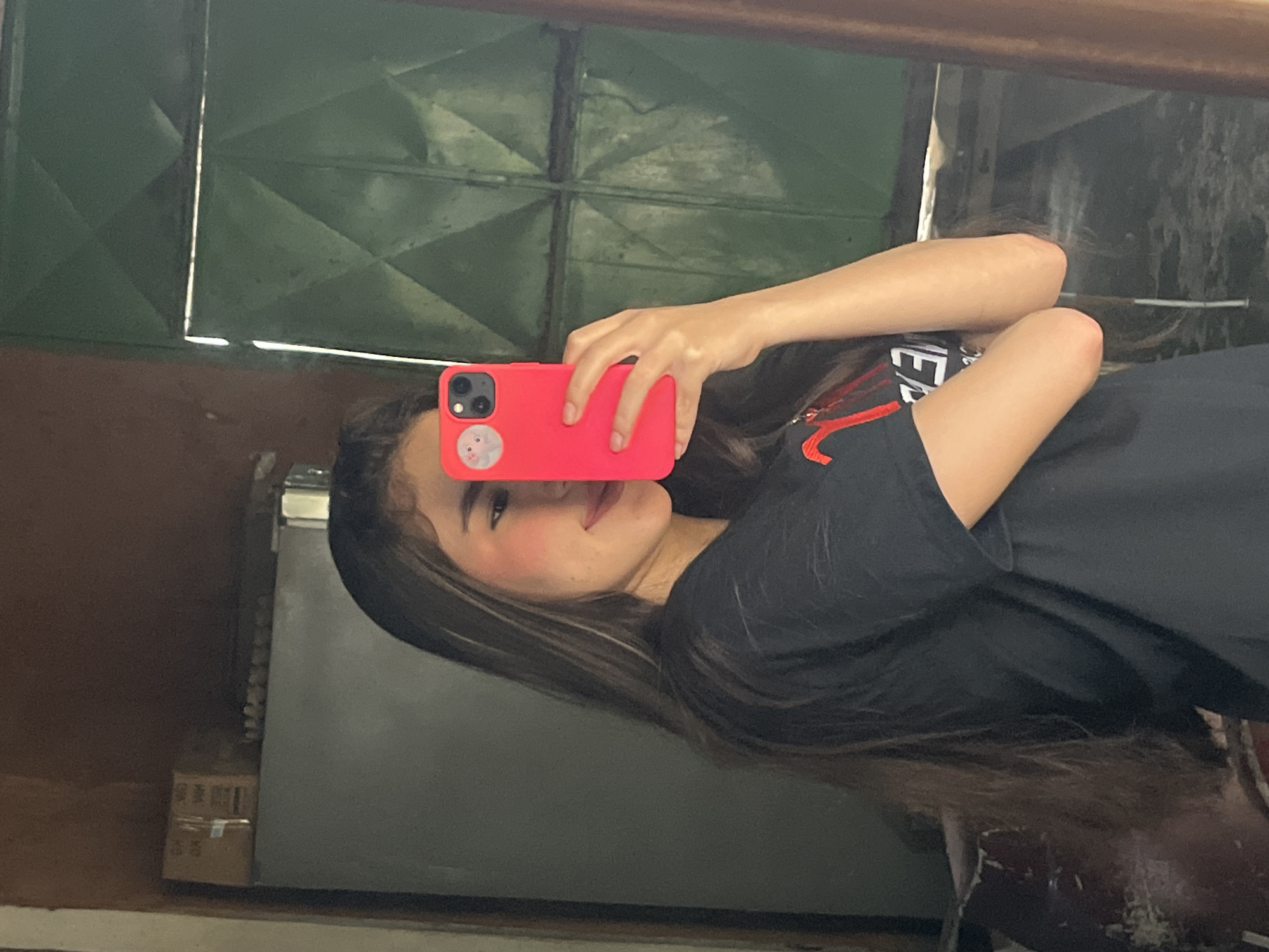 A young woman is taking a selfie in a mirror. She is wearing a black t-shirt and holding a pink phone in her right hand. Her left arm is bent at the elbow and her hand rests on her hip. She has long, dark brown hair with blonde highlights and is wearing makeup. The background appears to be an indoor setting with a dark refrigerator to her left and a green metal door or window to her right. There are boxes on top of the refrigerator. The overall lighting suggests it is daytime. The image does not provide specific location details within Juan Griego, Venezuela, beyond being an interior space.
