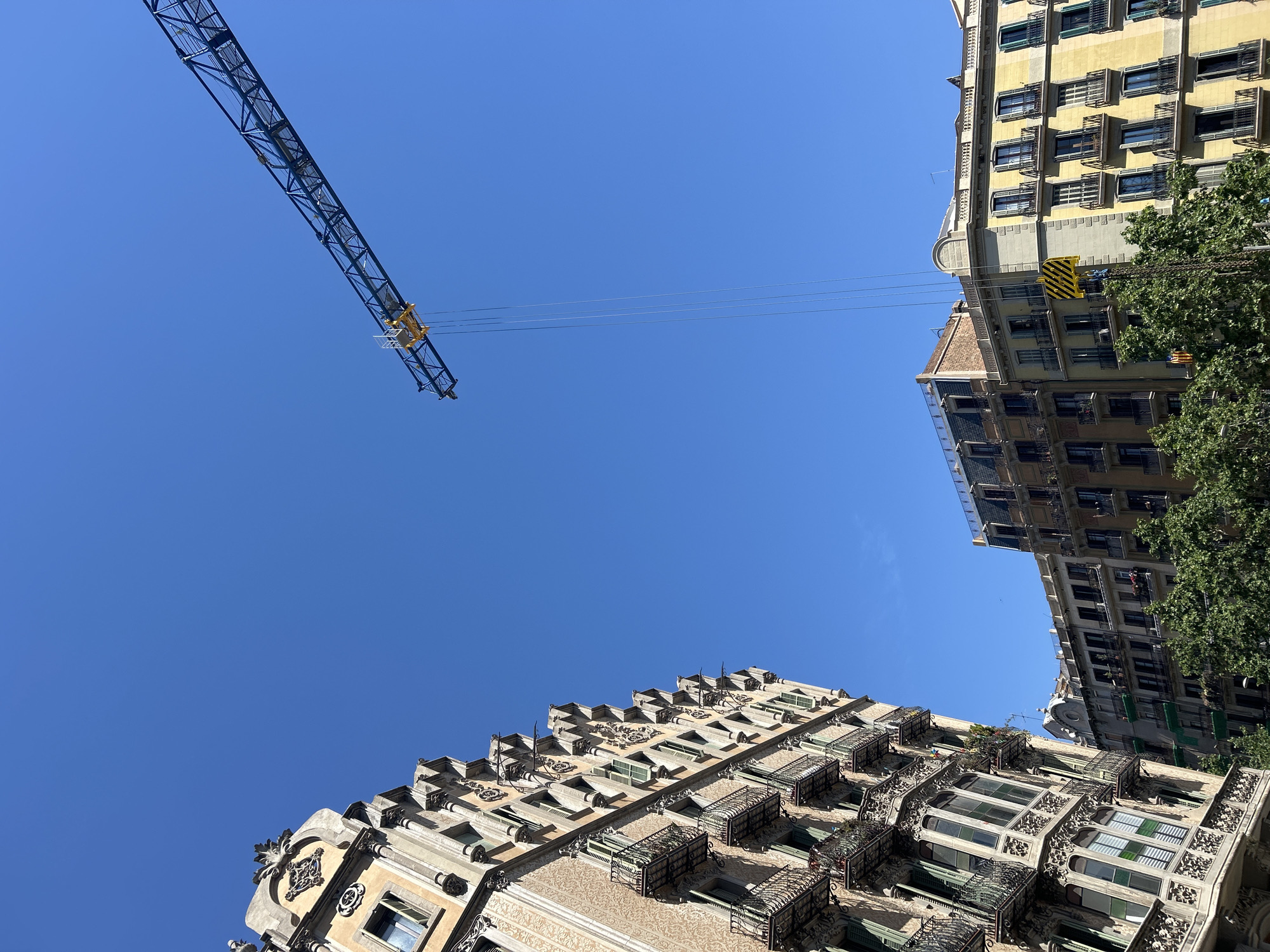 The image captures a low-angle, upward view of a vibrant blue, cloudless sky, framed by urban architecture and a construction crane. The bright sky occupies the upper-left and central portions of the frame.
Extending diagonally from the upper-left corner into the center is the intricate metal lattice structure of a dark blue construction crane boom. Thin cables stretch horizontally from the end of the crane towards the right. A yellow and black striped warning block is visible hanging from the cables on the right side.
Two distinct buildings anchor the scene. On the right, a multi-story building with a warm yellow or ochre facade features numerous windows, many adorned with small grates or balconies. A lush green tree partially obscures the lower part of this building. To its left, a glimpse of another building with a darker, possibly tiled roof is visible.
In the bottom-right and extending upwards along the lower edge, another prominent building showcases elaborate and ornate architectural details. Its facade is a light cream or tan color, characterized by decorative patterns, intricate carvings around the windows, and numerous balconies with ornate black wrought iron railings. The style suggests Modernist or Art Nouveau influences.
The scene depicts a sunny day, likely late morning or early afternoon, given the clear blue sky and strong light. There are no people visible, and no specific activity is taking place beyond the implied construction work and the daily life within the buildings. The distinctive architecture, particularly the detailed, ornate building, strongly hints at an urban setting in Barcelona. No discernible text is visible in the image.