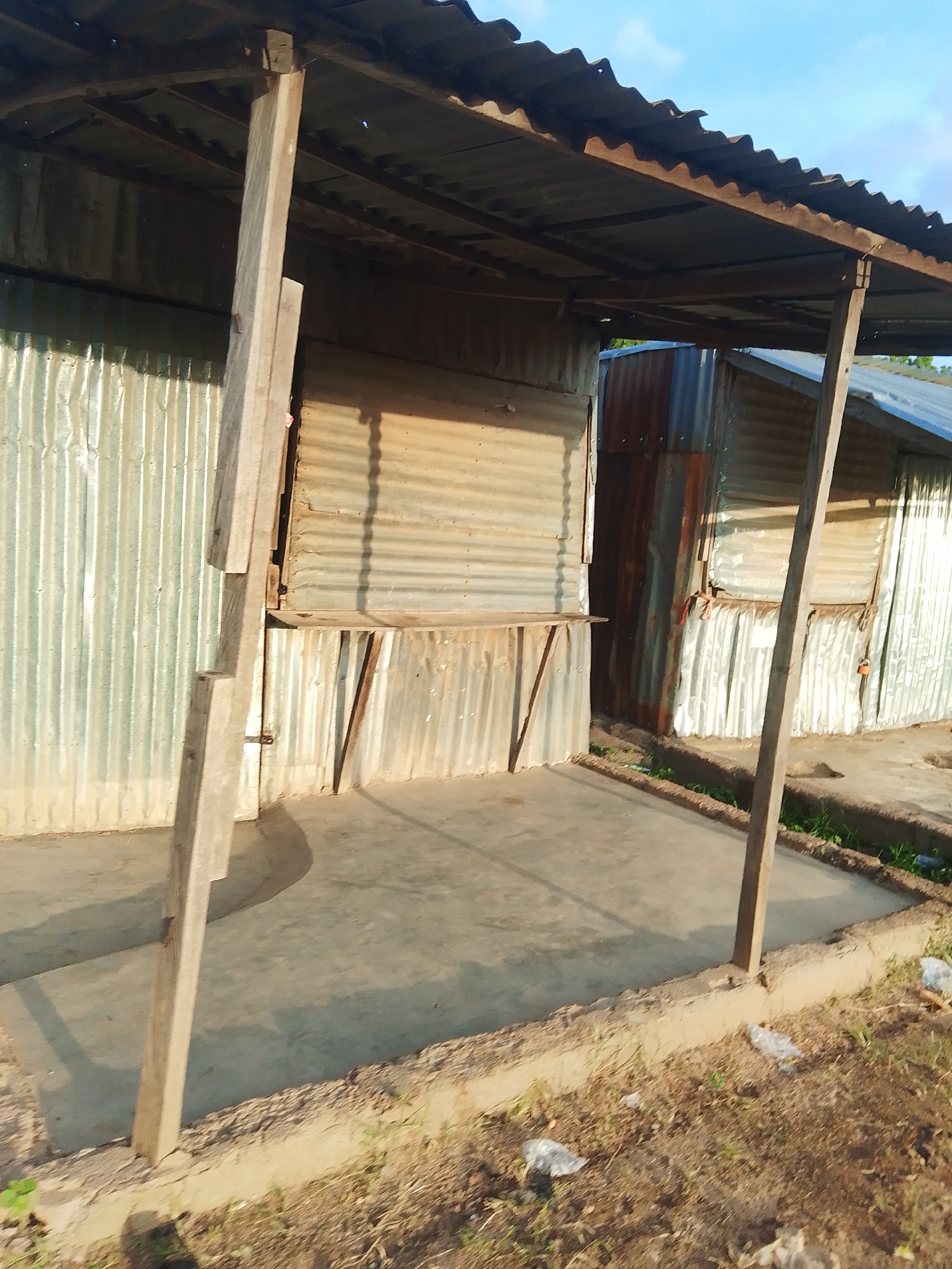 The image depicts an outdoor scene of a weathered, corrugated metal structure, likely a small market stall or shop, in Jalingo, Nigeria. The structure has a corrugated metal roof supported by rough wooden posts. The walls are also made of corrugated metal, some showing signs of rust. There are openings that appear to be serving as windows or counters, some with makeshift shutters. In front of the structure, there's a concrete floor area. The ground outside the concrete is unpaved and covered with dry grass and a few pieces of litter, including some plastic bags.
The lighting suggests it is daytime, with shadows cast on the ground, indicating the sun is likely mid-morning or afternoon. The sky is visible in the upper right corner, appearing clear and blue. The overall impression is one of a simple, functional, and somewhat rustic commercial setup, common in many developing areas. There are no people visible in the image. The scene appears quiet and still, with no specific activity taking place. The environment feels warm and dry. No text is visible in the image.