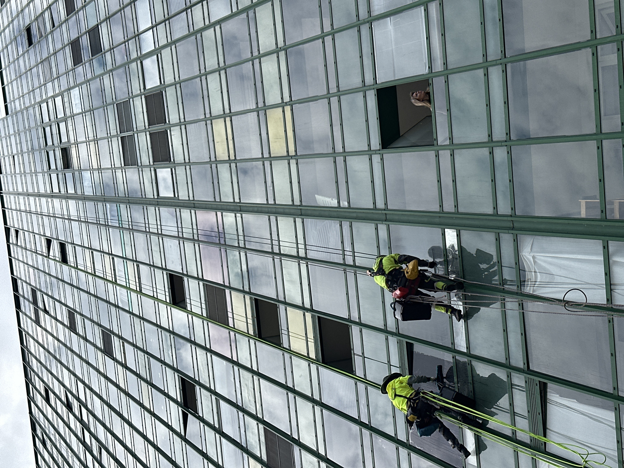 A low-angle, medium shot depicts the facade of a high-rise building, possibly in Murino, Russia, featuring numerous rectangular windows arranged in a grid-like pattern. Two window washers are suspended from the building, secured by ropes, wearing safety gear and bright yellow vests. A woman is visible in one open window, observing the scene. The building's architecture is modern, with a green-tinted glass exterior. The sky is overcast.