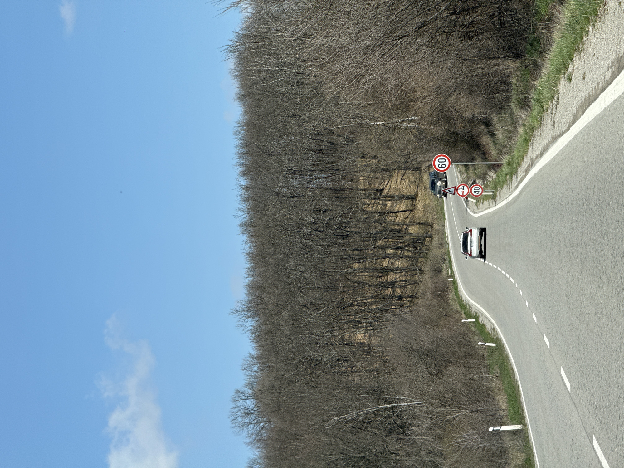 A paved road curves through a forest area. On the right of the road is a grassy verge and a forest of bare trees on the left. A white car is visible on the road. Speed limit signs are posted indicating 60 km/h and 40 km/h limits. Based on the presence of deciduous trees without leaves and the overall terrain, the image depicts a road near Drenovo, Bulgaria.