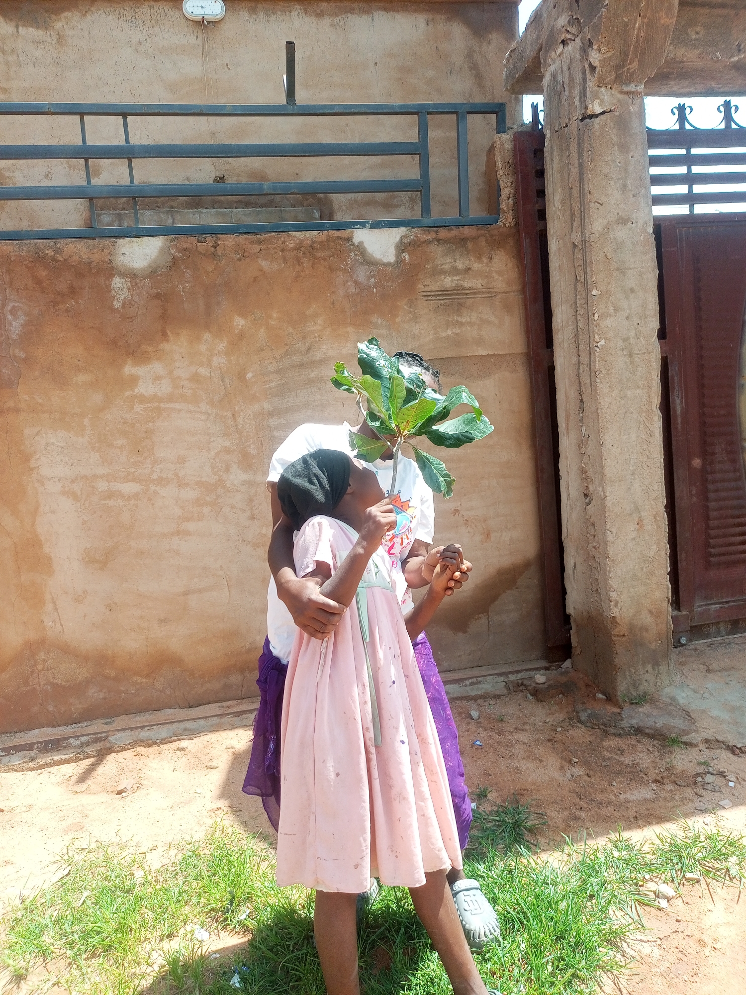 In Tempure, Nigeria, two children stand in front of a distressed, sandy-colored wall. The taller child, an adolescent wearing a white t-shirt and a dark headscarf, embraces a younger child. The younger child, dressed in a light pink dress and a purple underskirt, is looking upwards. Both children are holding a leafy plant between them. The background features a rusted metal railing, a concrete pillar, and a dark metal gate. The ground is covered in patchy grass and dirt.