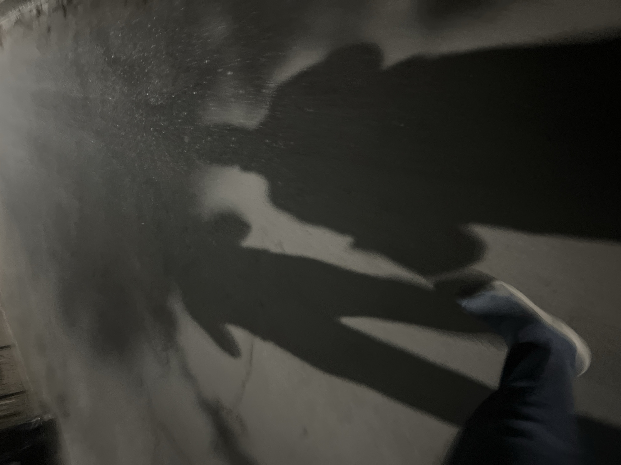 The image depicts the shadows of two individuals cast on a wet, asphalt surface, possibly a sidewalk or street, in an urban environment at night. The lighting suggests a single light source from above and to the left, creating elongated shadows. One shadow, to the left, appears to be of a person wearing pants and a shoe, with their leg in motion, suggesting they are walking or have just stepped. The shadow is tall and lean. The second, larger shadow is to the right and appears to be of a person with a broader build, also with their shadow indicating a standing or walking posture. Small, reflective droplets are visible on the dark surface, indicating recent rainfall or a wet condition. The background is a blurred dark wall or structure. The scene is devoid of color and details are obscured by low light and motion blur.
