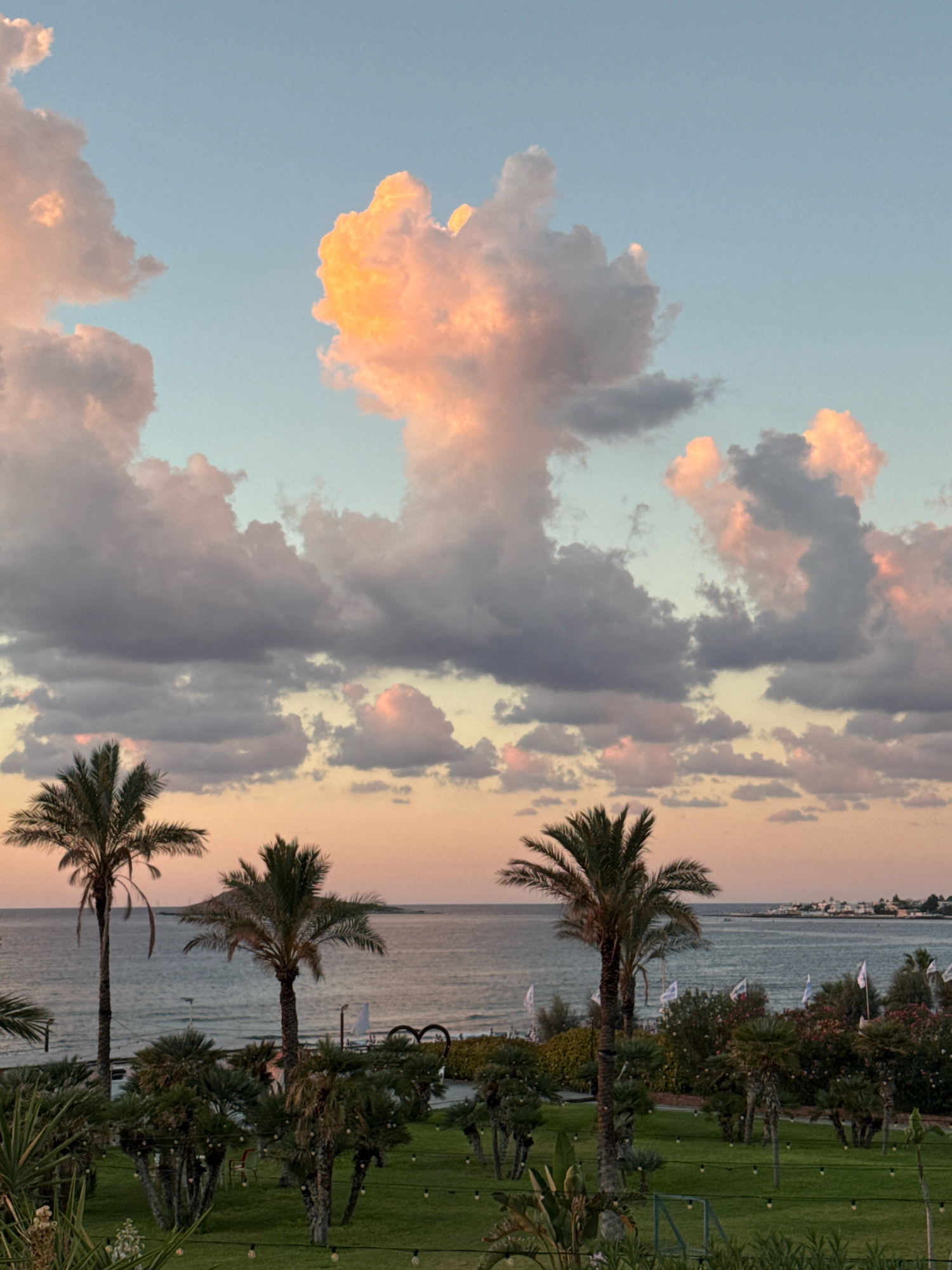 An outdoor, eye-level shot captures a coastal view at dusk in Isola delle Femmine, Italy. The sky is a canvas of soft blues and pinks, with dramatic clouds catching the fading light, some illuminated with a warm, peachy glow. In the foreground, a manicured green lawn is dotted with small, decorative lights. Several palm trees, varying in height and density of foliage, are strategically placed, some closer to the viewer and others further back. Beyond the lawn, the calm sea stretches towards the horizon, meeting a distant coastline with buildings visible. Along the shoreline, there are more palm trees, shrubs, and flags. The overall atmosphere is serene and picturesque, characteristic of a seaside resort area.