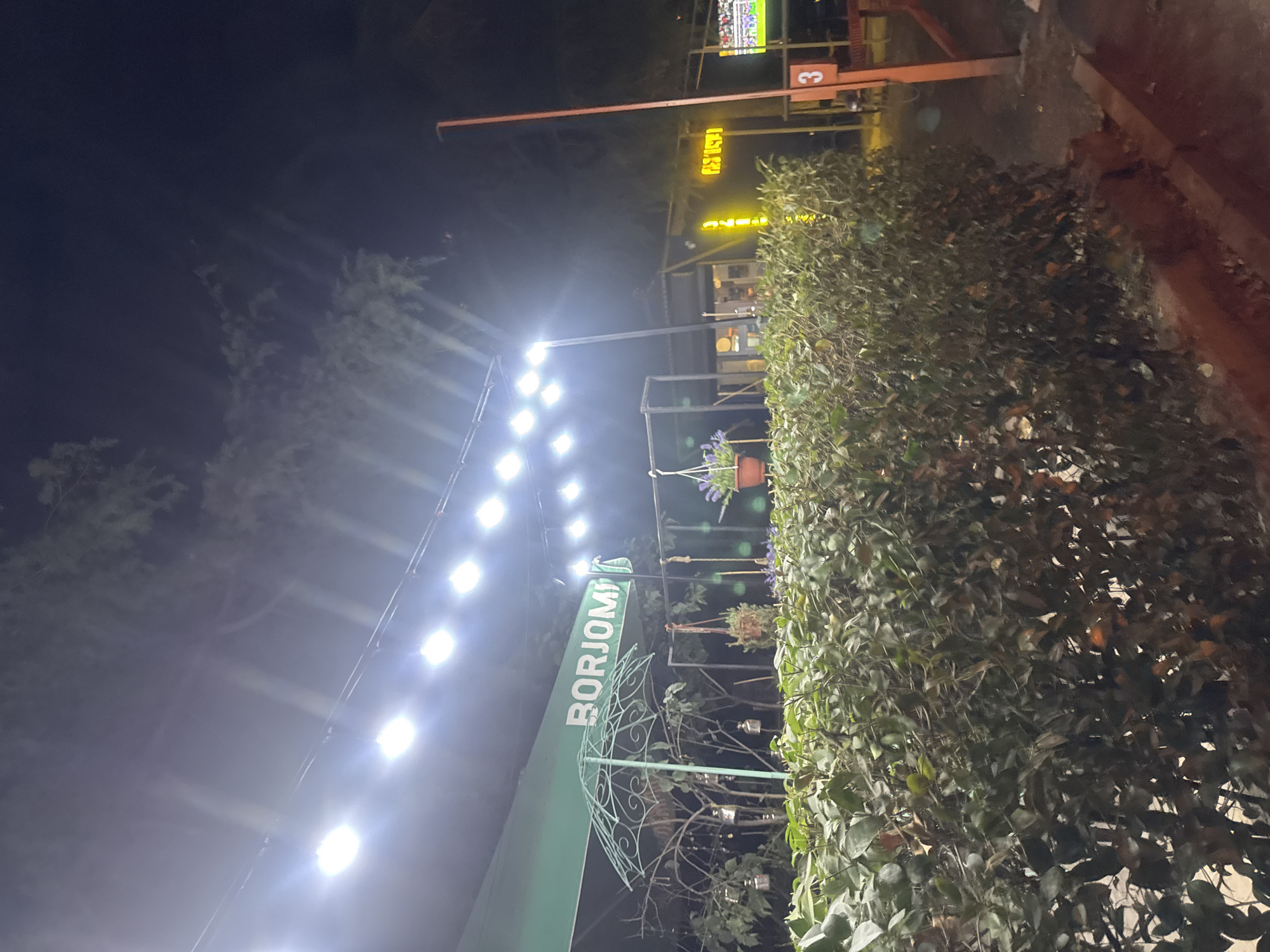 The image depicts a nighttime scene at what appears to be an outdoor establishment in Tbilisi, Georgia. A green awning with the word "BORJOM" illuminated in white letters is visible on the left side of the frame, supported by a decorative green umbrella-like structure. A string of bright lights illuminates the area overhead. In the foreground, a dense hedge of green foliage runs horizontally across the image. Behind the hedge, various elements of the establishment are visible, including tables, seating, and a television screen displaying a soccer match. A bright orange pole with the number "3" in a red square is positioned to the right of the frame. The overall impression is that of a lively outdoor dining or gathering space.
