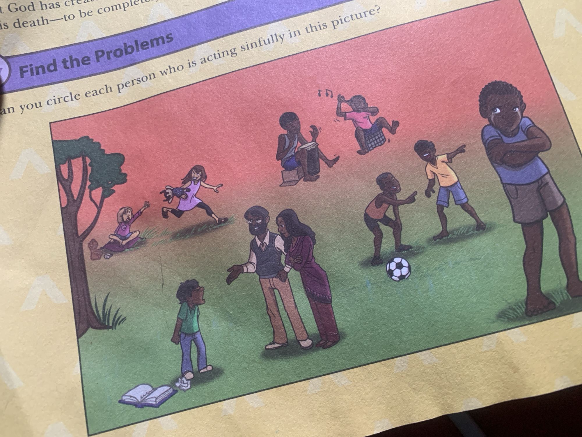 The image depicts a diverse group of people in a park-like setting with green grass and a tree. A purple banner on the right side of the image reads "Find the Problems" and asks, "Can you circle each person who is acting sinfully in this picture?". The scene includes children playing with a soccer ball, two adults standing together, and several other individuals engaged in various activities. One person is reading a book, another appears to be playing an instrument, and a child is being carried. The overall impression is a lively, outdoor gathering, with the prompt suggesting a moral or ethical evaluation of the depicted actions. The image does not contain any information or context about the city of Jauro Yinu, Nigeria.