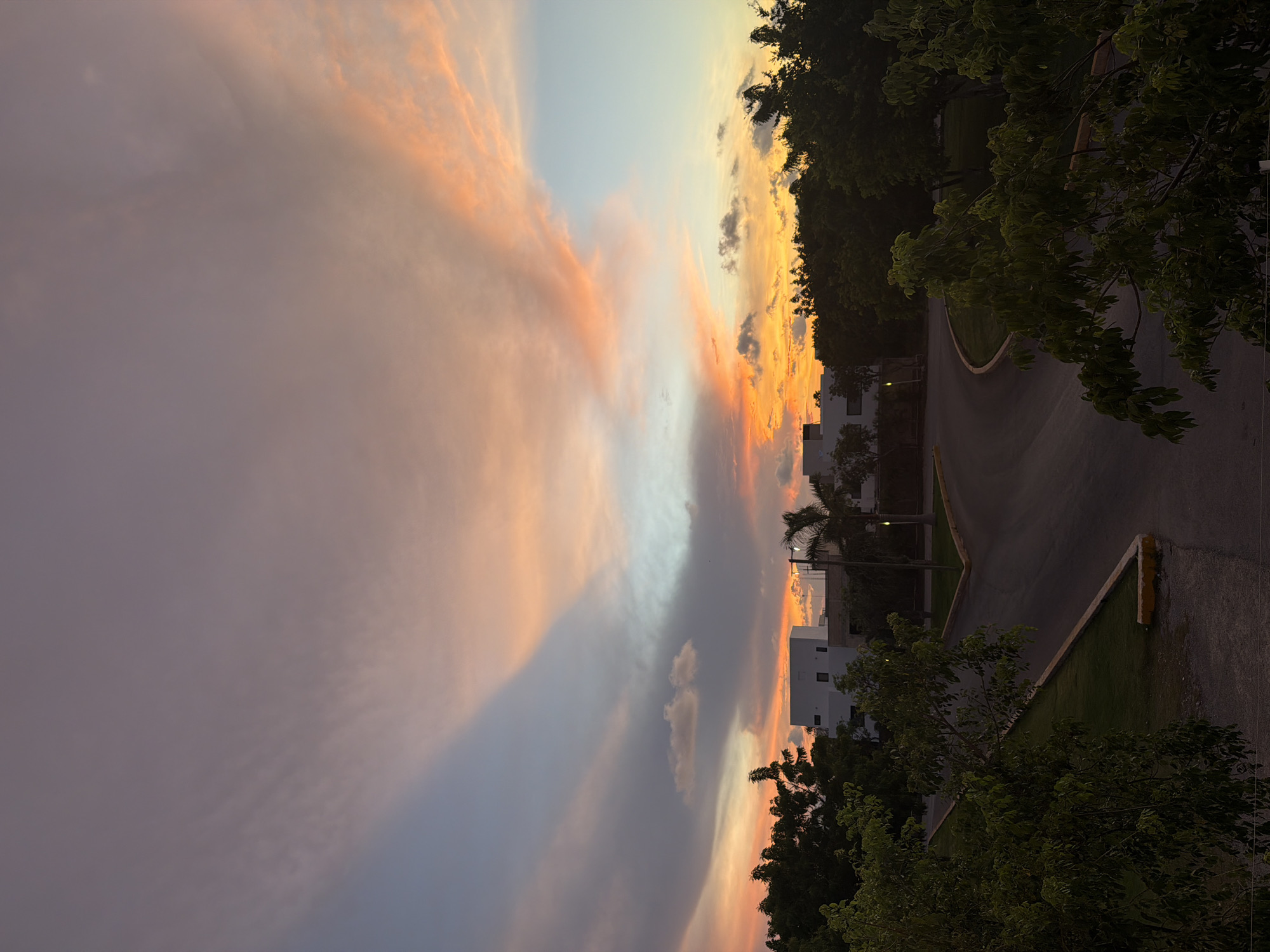 A sunset sky with wispy clouds tinged with orange, pink, and purple hovers over a suburban landscape in Cancún, Mexico. Below the sky, dark green trees line a paved road that curves through a residential area. In the mid-ground, a modern white building with dark windows stands out against the trees. The lighting suggests it is either early morning or late evening.