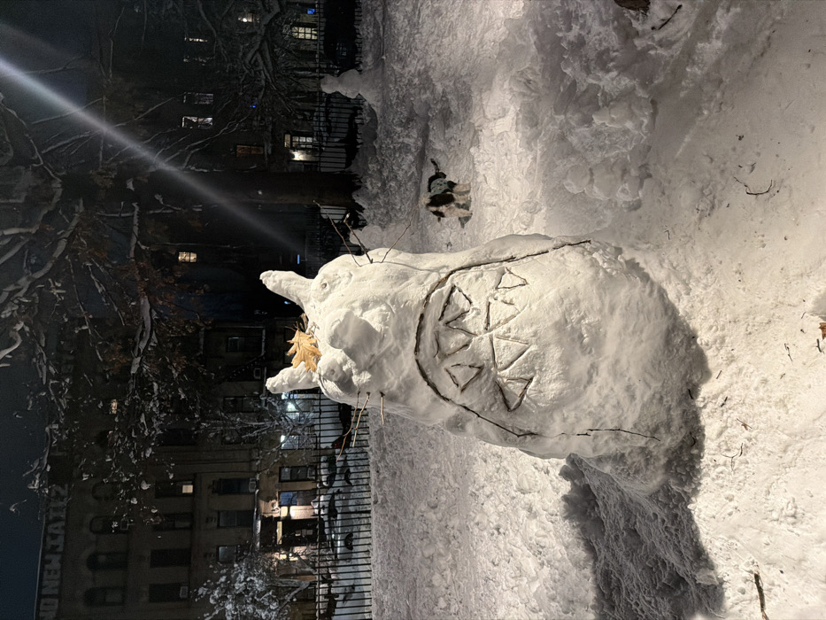 An outdoor nighttime scene depicts a large, irregularly shaped snow sculpture resembling an animal, possibly a cat, adorned with a leaf. Geometric designs are carved onto its side. Patches of snow cover the ground, with a small dog visible in the background. A building with lighted windows and snow-covered trees looms in the darkness behind a wrought iron fence. A bright light source adds contrast to the wintry setting.
