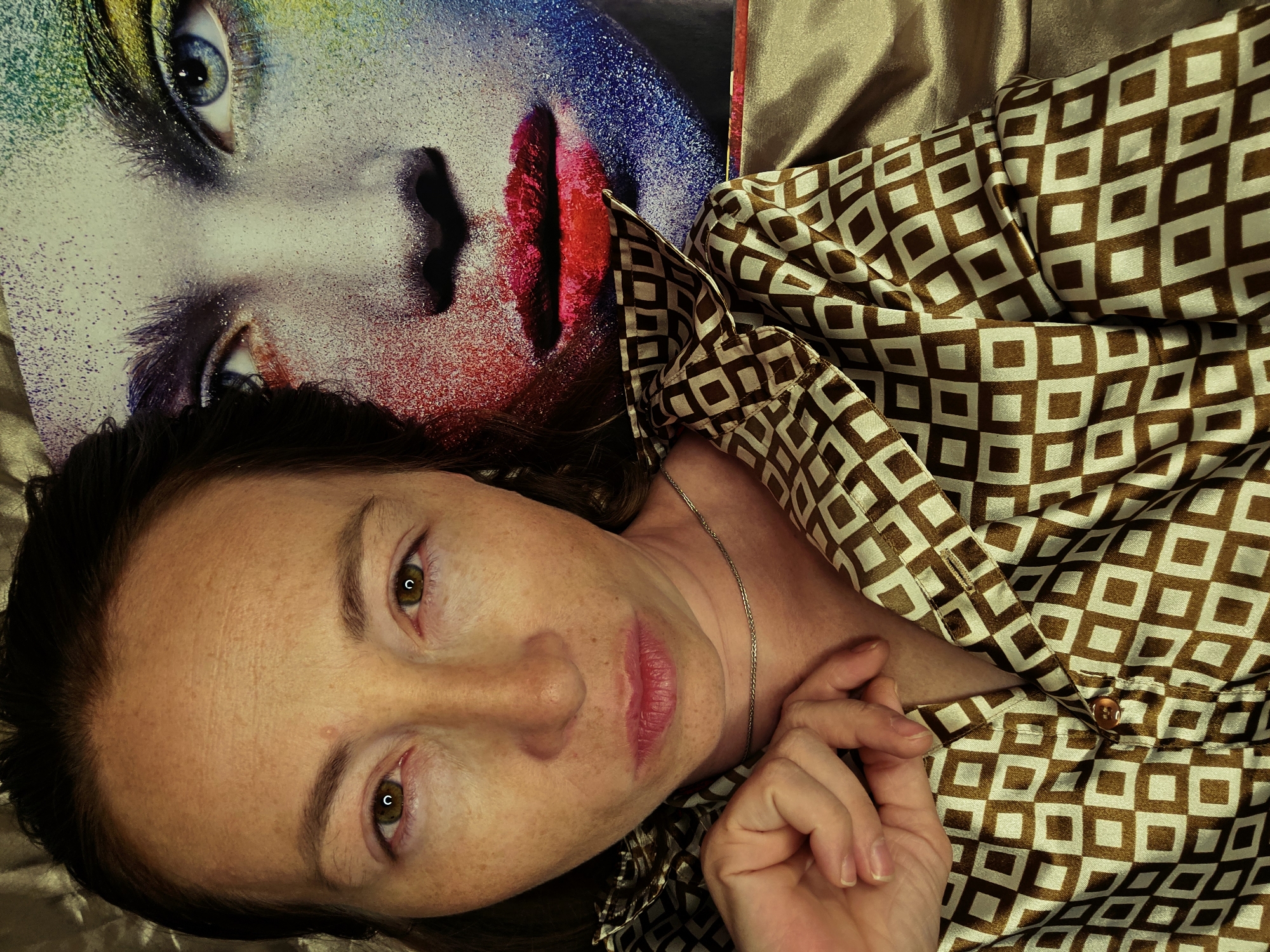 A selfie shows a woman with light skin, freckles, and brown eyes. She has dark brown hair, pulled back from her face. She is wearing a collared, long-sleeved shirt with a brown and white geometric pattern. A silver necklace is visible around her neck. Her left hand is resting near her chin and neck, with her fingers touching her shirt. In the background, a large poster or artwork displays a close-up of a face with colorful makeup on the eyes, cheeks, and lips. The overall scene appears to be indoors, with a muted, possibly fabric background behind the woman and artwork. There are no visible indications of the specific city or location.