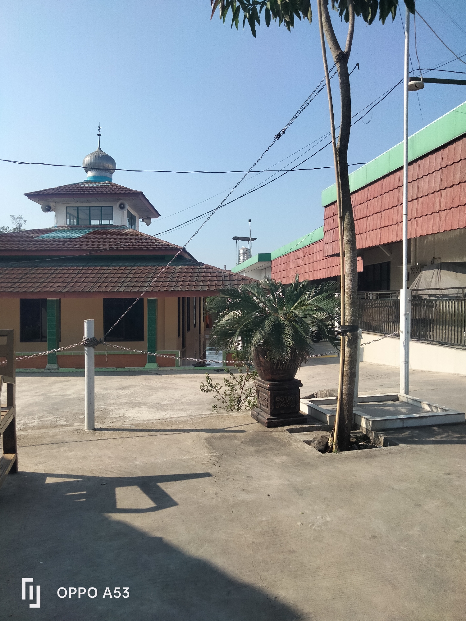 This image captures an outdoor scene on a clear, sunny day, likely in the city of Karawang, Indonesia, given the "OPPO A53" watermark which is a popular phone model in the region. In the foreground, a concrete pathway with distinct shadows from overhead objects dominates the lower half of the frame. To the left, a portion of a wooden bench is visible.
The mid-ground features a mosque with a tiled, orange-brown roof and green trim, topped by a silver dome with a finial. The mosque has several windows with green frames and is surrounded by a paved courtyard. A white post, wrapped with a chain, stands in front of the mosque. To the right of the mosque, a large potted plant with palm-like fronds sits on a decorative base.
Further to the right is a building with a red tiled roof and green trim, appearing to be a school or community hall. A tall, thin tree with a light-colored trunk grows near this building, with its branches reaching towards the sky. A white pole, possibly a lamppost, is also present. Electrical wires and a chain link fence are visible in the background. The environment appears well-maintained and open. There are no people or animals visible in the image.