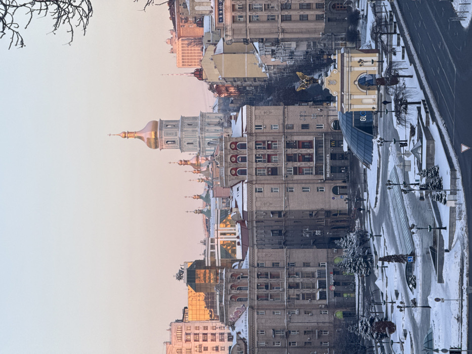 An urban landscape stretches under a pale sky. A golden-domed cathedral stands out among other multi-story buildings. A highway, lined with streetlights and bare trees, borders the buildings. Signs like McDonald's are visible on the buildings. A golden monument stands near the cathedral. Snow appears to cover the ground.