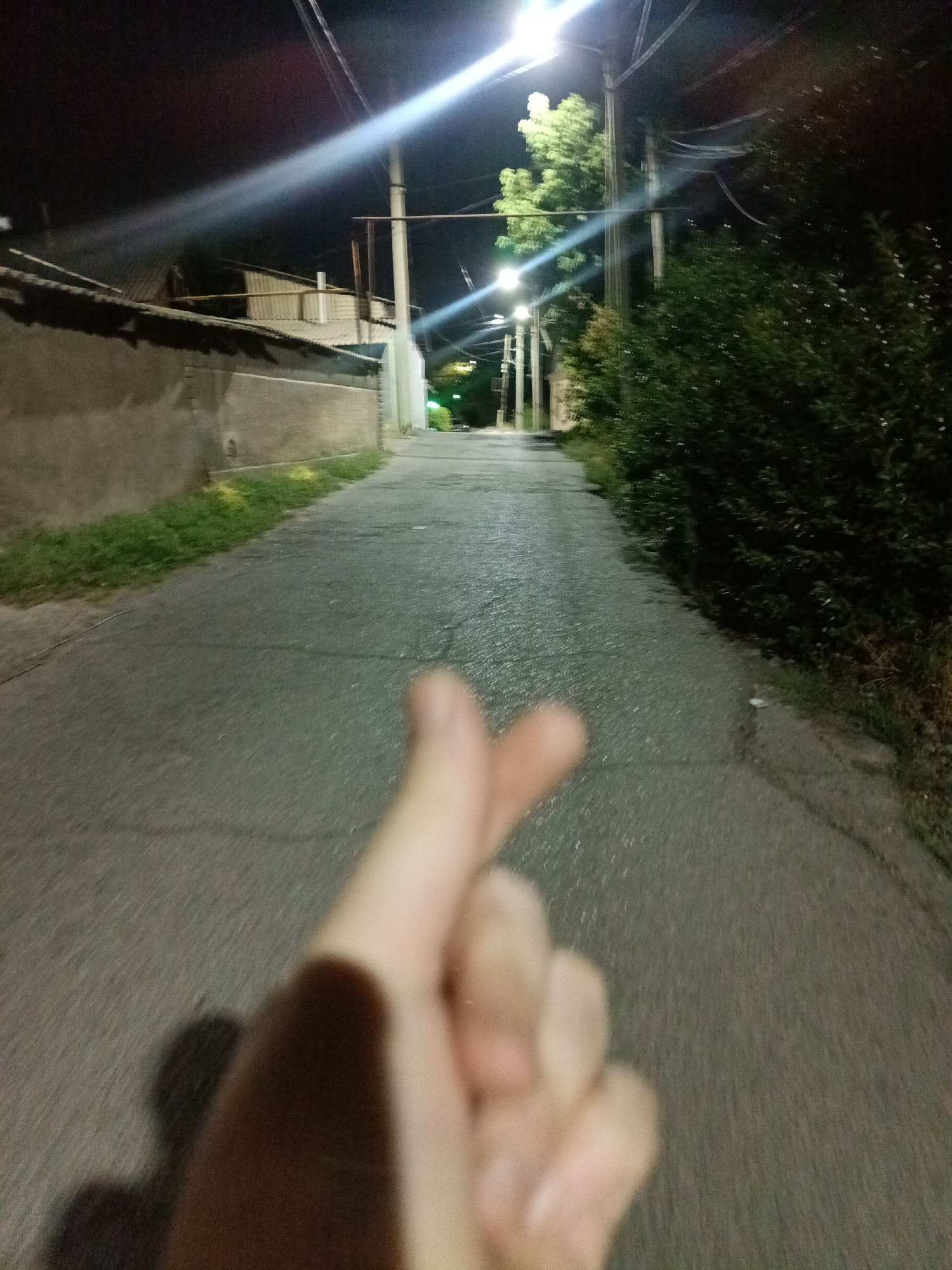 An outdoor, night time, close-up, eye-level, wide shot shows a person's blurred hand in the foreground, forming a heart shape with their thumb and index finger. Behind the hand, a paved alleyway stretches into the distance, illuminated by streetlights overhead. The alley is flanked by a low concrete wall on the left, with some sparse green vegetation growing alongside it, and dense green bushes on the right. A few trees are visible further down the alley. The scene appears to be in a residential area of Shymkent, Kazakhstan.