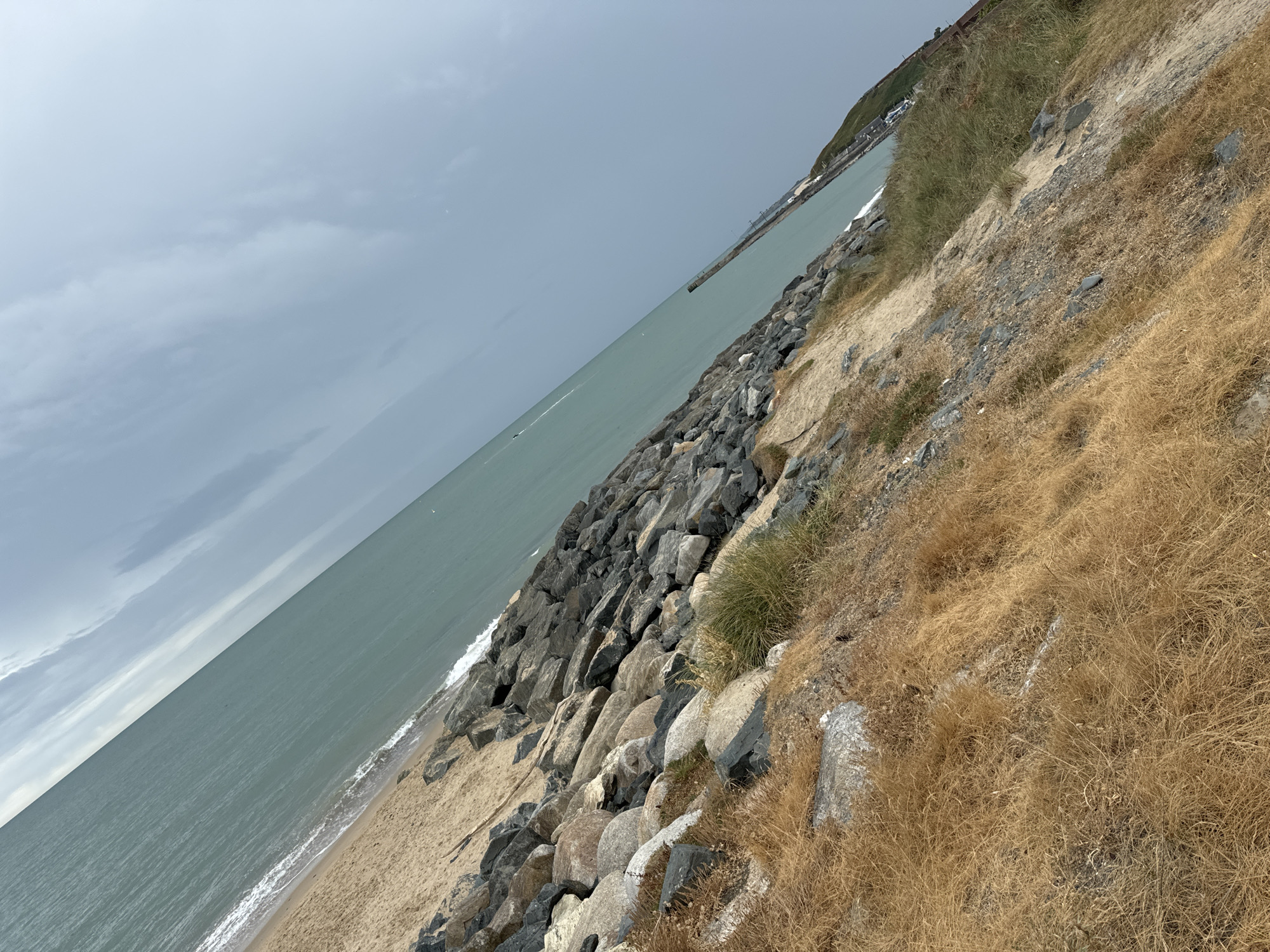 This image depicts a section of the coastline in Courtown, Ireland. The scene is dominated by a body of water, likely the sea, which occupies the upper portion of the frame and is a muted greenish-blue. The water meets a sandy beach, with gentle waves lapping at the shore. Along the edge of the beach, a man-made barrier of large, grey and brown rocks has been constructed, forming a breakwater or sea defense. Dry, golden-brown grass and sparse green vegetation grow on the embankment above the rocky barrier. In the distance, a long pier or jetty extends into the water. The sky above is overcast with grey clouds, creating a diffused light. The image is oriented with a strong diagonal tilt. There are no people visible in the frame.