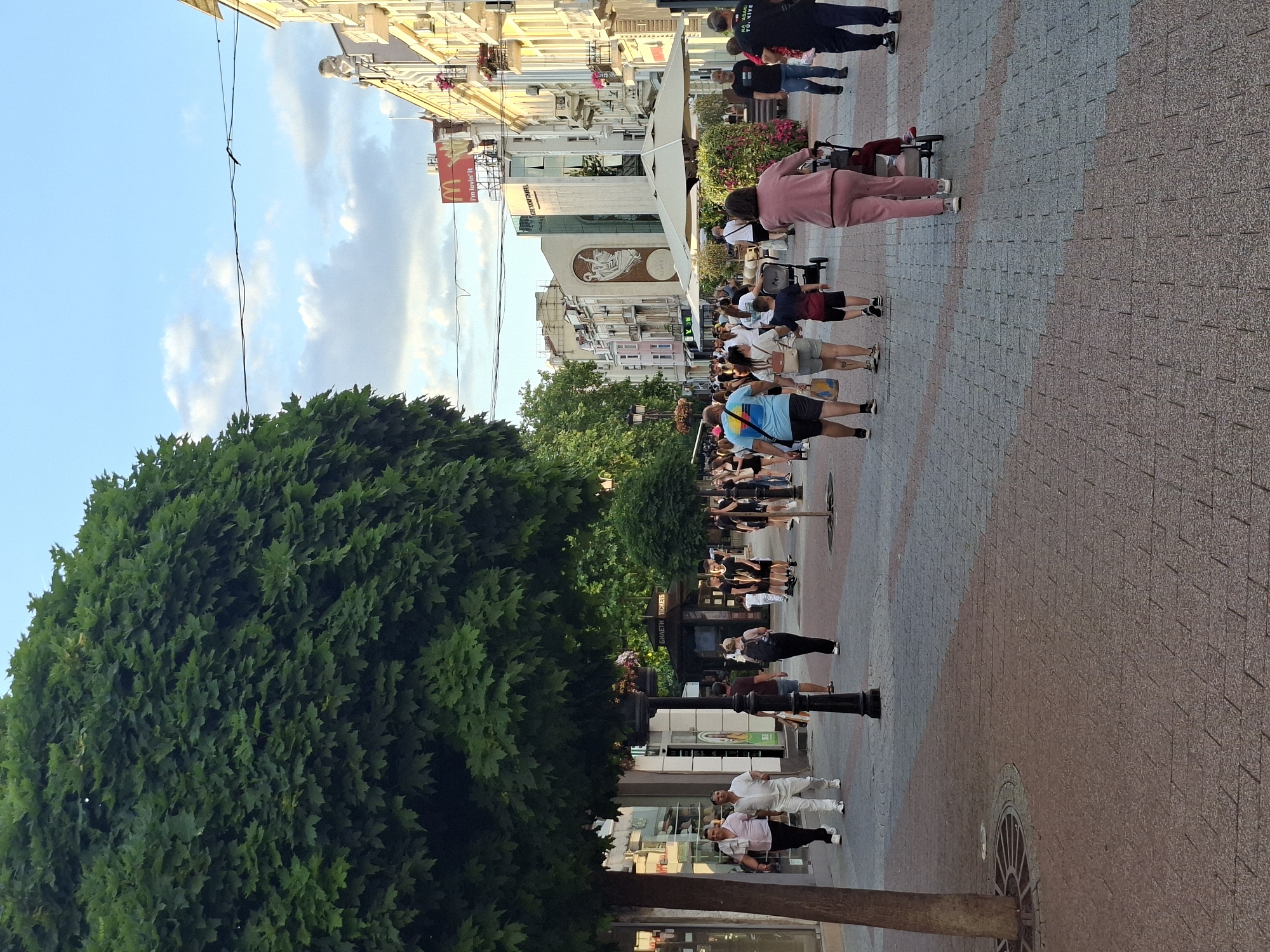 The image shows a street scene in Plovdiv, Bulgaria. The pedestrian zone is paved with interlocking bricks of mixed red and gray. A large green tree is on the left, providing shade. A line of people walks along the street. Buildings line the right side of the street, including a McDonald's restaurant. Utility wires are visible in the sky.