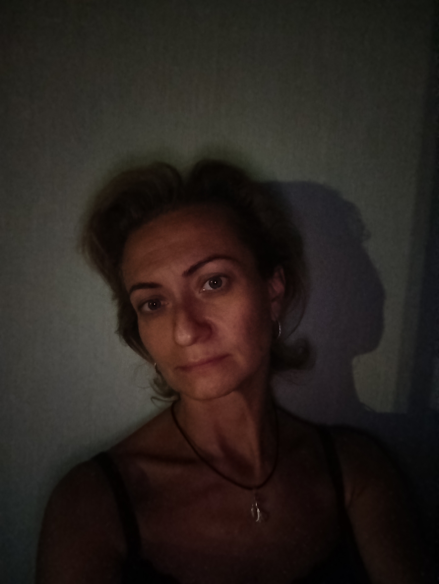 This is a selfie of a woman in Moscow, Russia. She is looking at the camera with a neutral expression. The lighting is dim, with a strong light source from the left creating a shadow of her head on the wall behind her. She is wearing a dark-colored top with thin straps and a necklace with a clear pendant. Her hair is light brown and styled loosely. The background is a plain, textured wall, appearing to be indoors. The overall mood of the image is subdued due to the lighting and the woman's expression.
