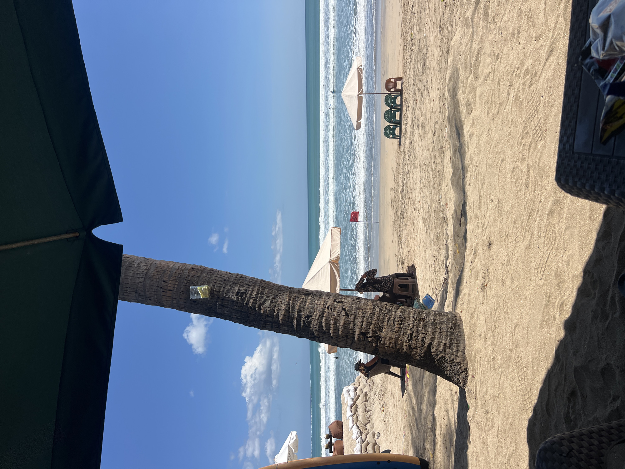 The image captures a sunny day on Kuta Beach, Bali, Indonesia, as viewed from beneath a large dark green umbrella. A prominent palm tree stands to the left, its textured trunk partially obscuring the view of the ocean. A glass containing ice and what appears to be fruit slices is affixed to the palm tree. In the mid-ground, two people are seated under a light-colored umbrella; one is wearing a dark top and a cap, and the other is in a patterned top. Further down the beach, a red flag is planted in the sand, near a row of four plastic chairs, three of which are green and one is reddish-brown, positioned in front of another beach umbrella. The ocean stretches to the horizon, with small waves breaking and several figures visible in the water, likely surfers. The sand in the foreground is marked with tire tracks. The overall scene depicts a relaxed beach setting with elements of leisure and typical beach amenities.