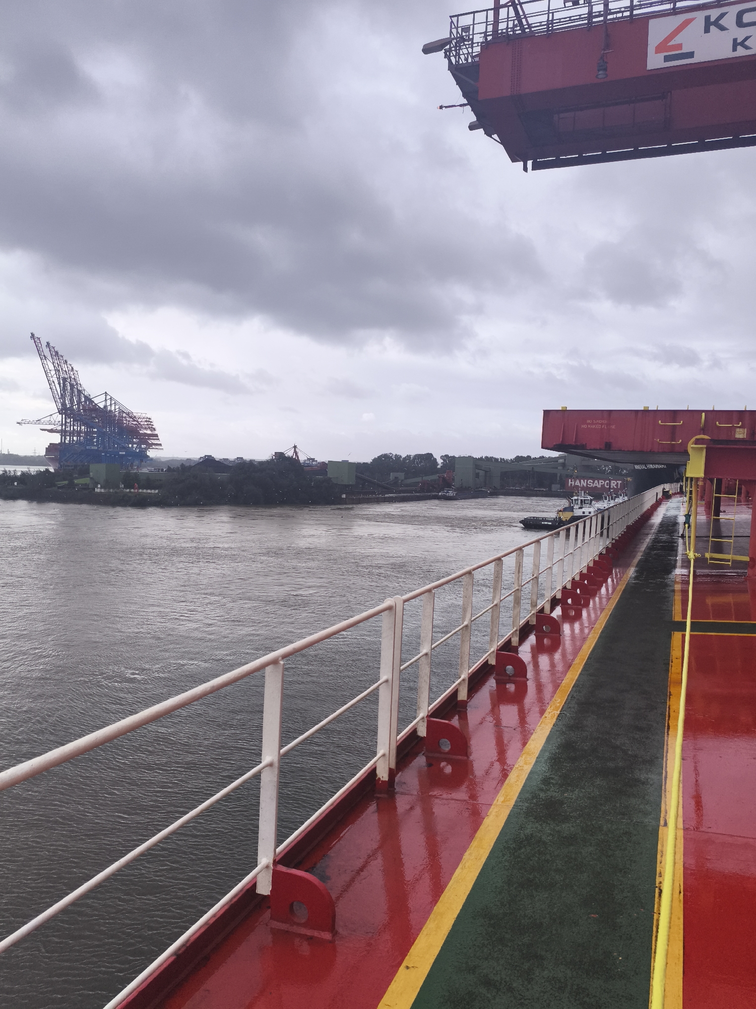 The image captures a view from the deck of a large vessel, likely a container ship, docked at the Port of Hamburg, Germany, on a cloudy day. In the foreground, a red deck with a yellow safety line and a white railing extends towards the right side of the frame. The deck appears wet, reflecting the light.
Across the murky water of a river or channel, the opposite bank is visible, lined with industrial infrastructure. Prominent are several large, red and blue container cranes, indicating a busy container terminal. These cranes are positioned behind a line of dark green buildings and a dense cluster of trees. Further in the distance, industrial structures and more cranes can be seen.
A tugboat is maneuvering near a larger vessel labeled "HANSAPORT" and "REEDEREI HILMAR MÜLLER," suggesting that the ship the photo is taken from is likely involved in cargo operations within the port. The sky is overcast with heavy, grey clouds. The overall scene conveys the industrial and operational atmosphere of a major port.