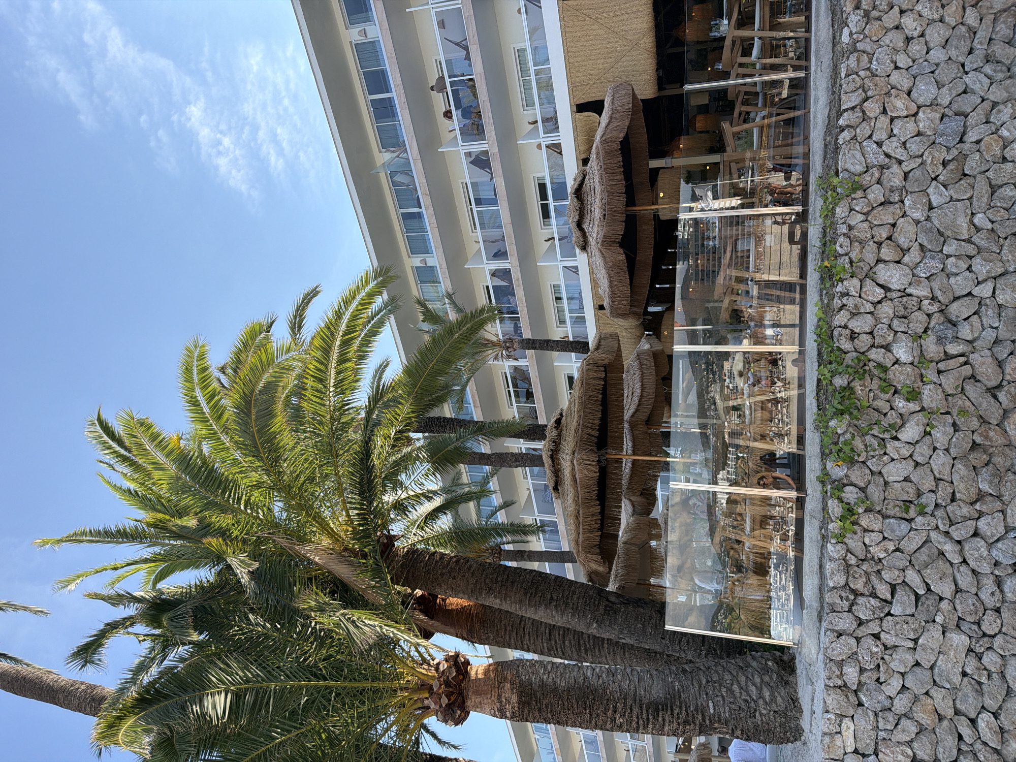 The image depicts a sunny outdoor scene with palm trees in the foreground, a multi-story building in the background, and a stone wall bordering the scene. The building appears to be a hotel or resort, with many balconies visible, some of which have people on them. The palm trees are lush and green, suggesting a tropical or subtropical climate.
The scene is lit by bright sunlight, indicating it is daytime. The sky is clear blue with a few wispy clouds. The presence of palm trees and the presumed resort setting suggest a vacation or leisure location. The stone wall is made of rough-hewn, gray stones, with some green vines growing on it.
Within the building's glass facade, a restaurant or bar area is visible, with tables and chairs. The reflections in the glass show more of the interior and possibly the exterior surroundings. There are umbrellas with thatched roofs, adding to the tropical ambiance.
On one of the balconies, a person can be seen. In the reflection of the glass, another person with a hat is visible near the restaurant area. The overall mood appears relaxed and pleasant, consistent with a vacation destination. No visible text is present in the image. The location context provided indicates Calvià, Spain.