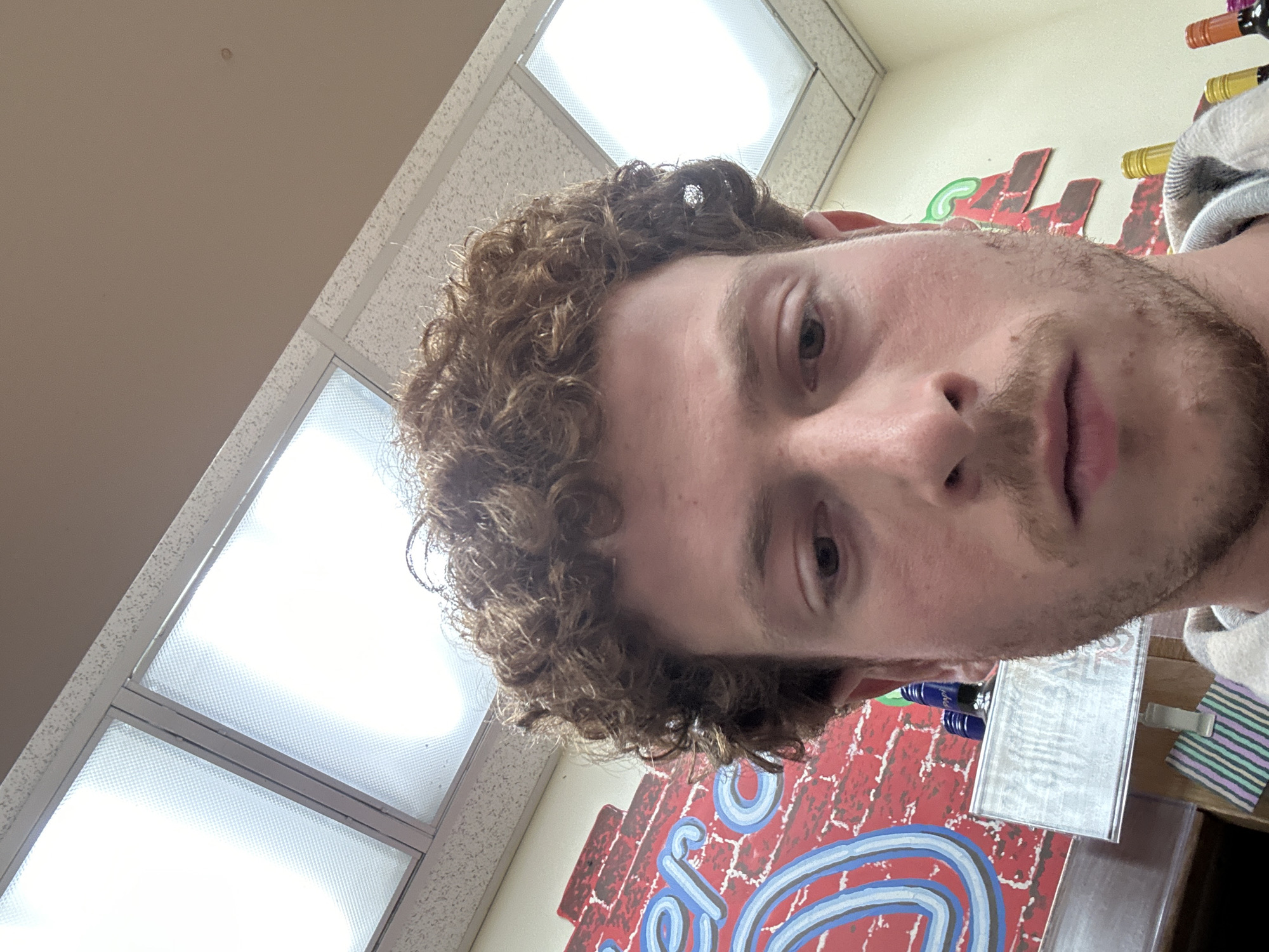 A close-up, low-angle selfie of a man with curly brown hair and a short beard. He has light skin and is looking into the camera. The background includes fluorescent ceiling lights, what appears to be a wall display of wine bottles or signage with a brick-like pattern, and a small portion of a striped object or cloth. The exact location within New York City is indeterminable based on visual information alone.