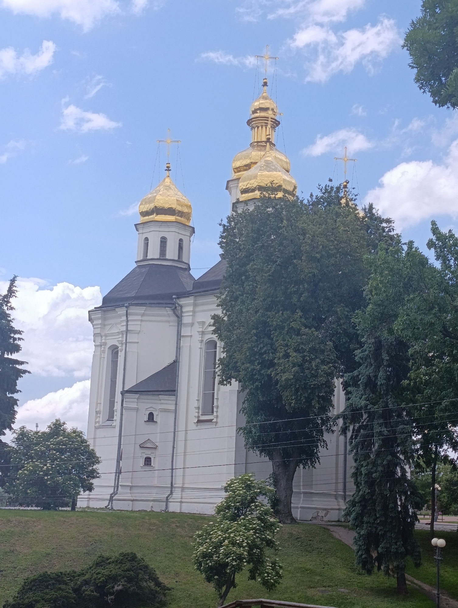 The image depicts the Transfiguration Cathedral in Chernihiv, Ukraine, on a bright, partly cloudy day. The imposing white stone structure features multiple golden domes topped with crosses, characteristic of Orthodox Christian churches. Lush green trees partially obscure the cathedral, suggesting it is situated in a park-like setting. The foreground shows a sloping grassy hill with some smaller trees and bushes. The sky is a vibrant blue with scattered white clouds. No people are visible in the frame. The overall impression is one of historical grandeur and serene natural surroundings.