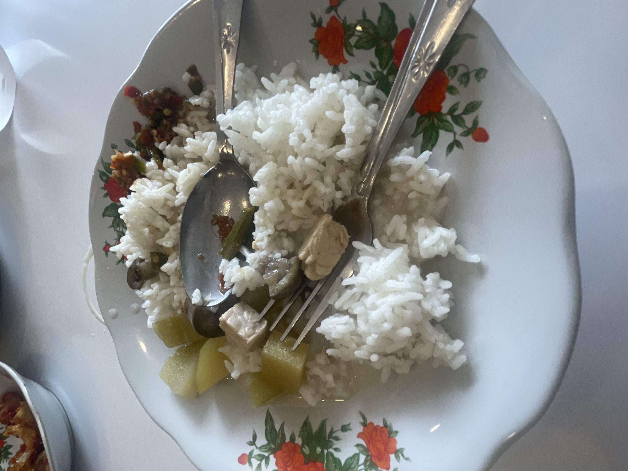 An overhead shot captures a white ceramic plate with a floral pattern, filled with rice and what appears to be a stew or curry. The plate is adorned with red and green floral designs, featuring roses and leaves. A spoonful of rice is scooped out, revealing pieces of chicken and vegetables beneath, including what look like diced potatoes, eggplant, and possibly mushrooms. A fork rests on the right side of the plate, partially submerged in the rice, and a spoon is placed in the center, also in the rice. A separate bowl, partially visible in the upper left corner of the image, contains what looks like fried food, possibly shrimp crackers or a similar crispy snack. The meal is set on a white surface, likely a table, reflecting the overhead light. The overall impression is of a home-cooked meal, possibly enjoyed in a casual dining setting in Medan, Indonesia, a city known for its diverse culinary scene.