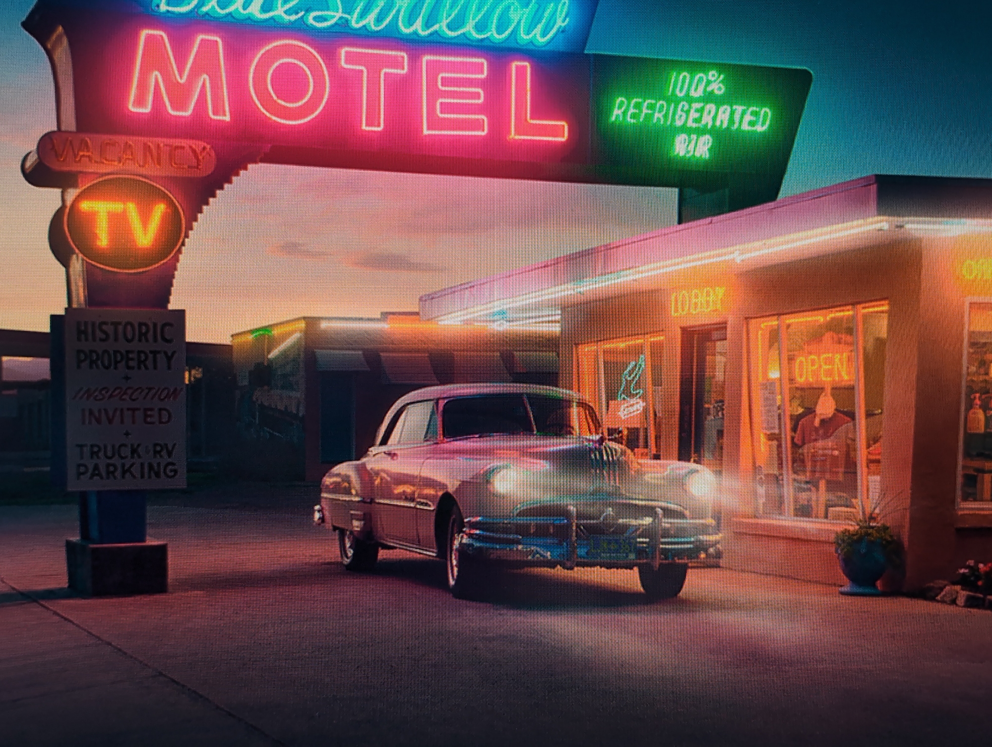The image shows a classic 1950s-era car parked in front of the Blue Swallow Motel. The motel has a large neon sign that reads "Blue Swallow Motel," with additional neon signs for "Vacancy TV" and "100% Refrigerated Air." A sign indicating "Historic Property" and "Truck RV Parking" is visible. The building appears to be a single-story structure with a lobby area, and the windows have an "Open" sign. A person is visible inside the lobby. The setting has an American roadside motel vibe. It's not located in Izhevsk, Russia.