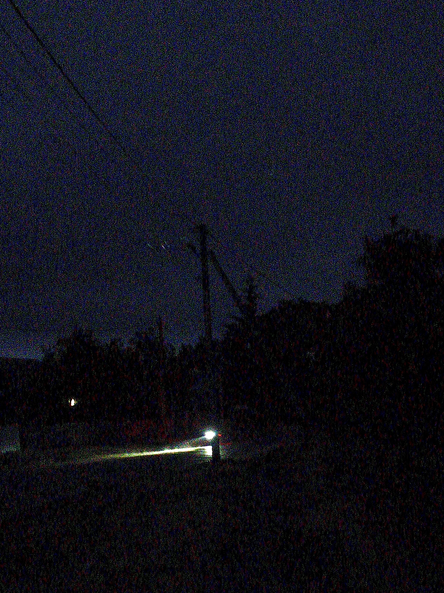 The image depicts a nighttime scene in Ustyvytsia, Ukraine. The environment appears to be rural or suburban, with a dark, starlit sky overhead. A power line stretches diagonally across the upper left portion of the frame. In the mid-ground, silhouetted trees and foliage form a dark mass against the night sky. The most prominent feature is a bright beam of light emanating from a vehicle's headlights, illuminating a path across a grassy area. The light is intense and appears to be from a car driving away from the viewer or parked and facing left. A faint, circular light source, possibly another distant light or a streetlight, is visible in the far left of the image. A vertical pole or structure is also visible on the right side of the beam of light. The image is grainy, suggesting it was taken in low light conditions with a high ISO setting.