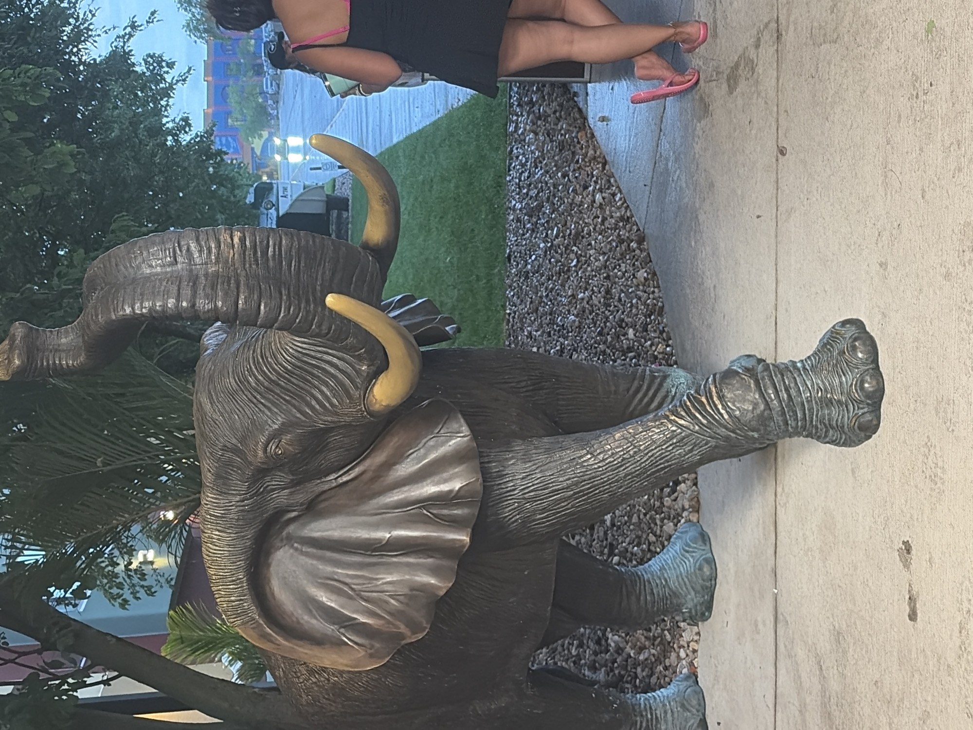 An outdoor scene in Unknown, Unknown features a life-sized bronze elephant statue. The statue is positioned on the left side of the frame, with its trunk raised. Behind the statue, a woman is standing, viewed from the back. She is wearing a black dress and pink flip-flops. The environment includes a paved walkway, gravel, and greenery. In the background, there are buildings and vehicles, suggesting a public or commercial area. The lighting indicates it is daytime, possibly overcast or late afternoon.