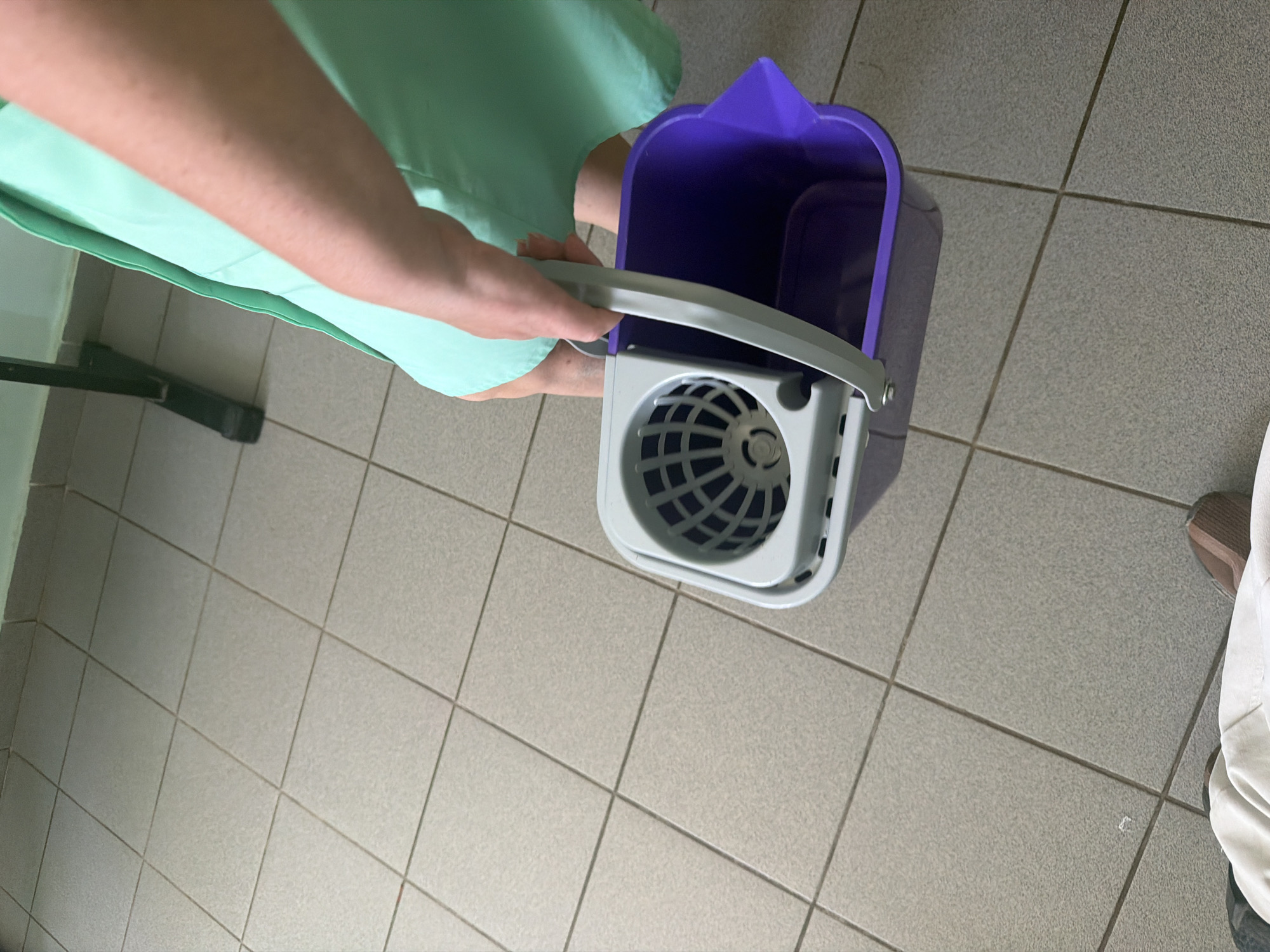 A person wearing a light green scrub top is holding a purple mop bucket with a grey wringer attachment. The bucket is on a tiled floor. The image appears to be taken indoors, likely in a cleaning environment, possibly a medical facility or a commercial building. The tiles are a light grey color. There is no indication of the specific location in Chaikovsky, Russia.