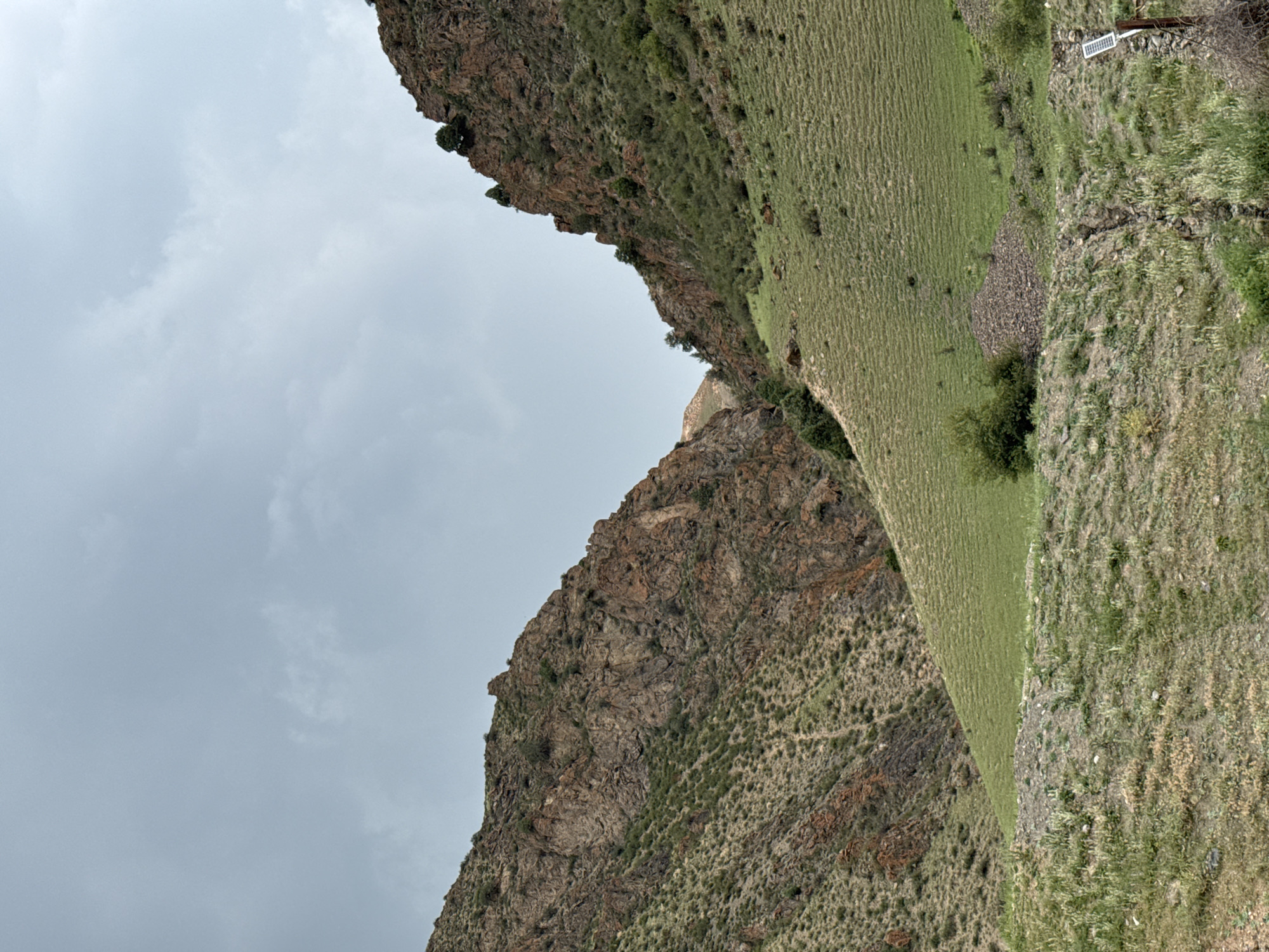The image depicts a natural landscape in the vicinity of Kyzyl-Korgon, Kyrgyzstan. The scene is characterized by steep, rocky hillsides covered with sparse vegetation, primarily grasses and some shrubs. The terrain is uneven, with a narrow valley or pass cutting through the mountains. The sky is overcast with a uniform gray cloud cover. In the foreground, the ground is rocky and covered with dry grasses. A small, dark green bush is visible on a gentler slope. On the right side of the frame, a wooden post with a small solar panel attached is present. The overall impression is of a remote, mountainous, and somewhat arid environment. There are no people or animals visible in the image.