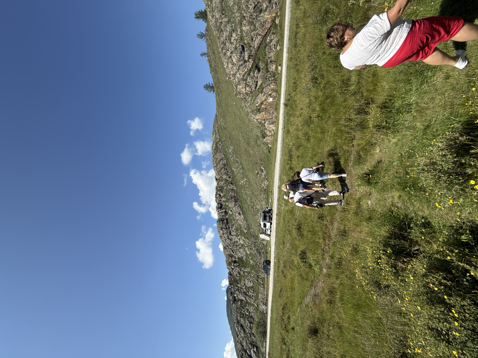 In Bichiktu-Boom, Russia, on a sunny day with a clear blue sky dotted with white clouds, a group of five people are walking on a grassy path near a road. In the foreground, on the right, a woman wearing a white top and red shorts walks away from the camera. Behind her and to the left, four individuals are walking in a line, also moving away from the camera. The person in the lead wears a white t-shirt and beige shorts. The second person wears a white t-shirt and blue shorts, the third wears a dark top and patterned shorts, and the fourth, a woman with dark hair, wears a dark top and shorts. The path leads towards a road with a few vehicles, including a black car, a white camper van, and a white minibus. Beyond the road, a rocky, green mountain range dominates the landscape, with sparse trees visible on its crest. The area is covered in tall green grass, with patches of small yellow flowers. The overall scene depicts an outdoor excursion in a natural, mountainous setting.