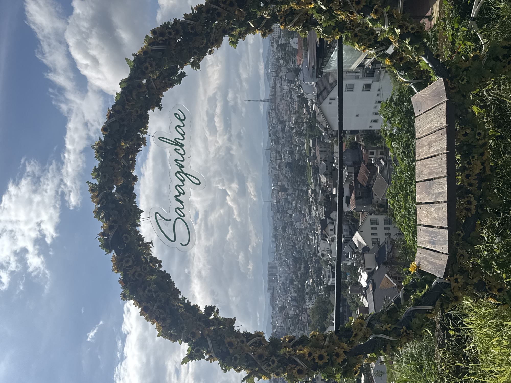 An outdoor, high-angle shot captures a scenic view of Da Lat, Vietnam, framed by a large, circular floral arch adorned with sunflowers and greenery. A wooden bench is attached to the lower part of the arch. In the center of the arch, a translucent sign displays the word "Saragnchae" in a cursive, green font. The city sprawls across rolling hills in the background, characterized by a dense collection of buildings with varied rooflines, interspersed with trees. A tall tower is visible in the distance. The sky is partly cloudy, with patches of blue sky and white cumulus clouds. The foreground features lush green grass and foliage.