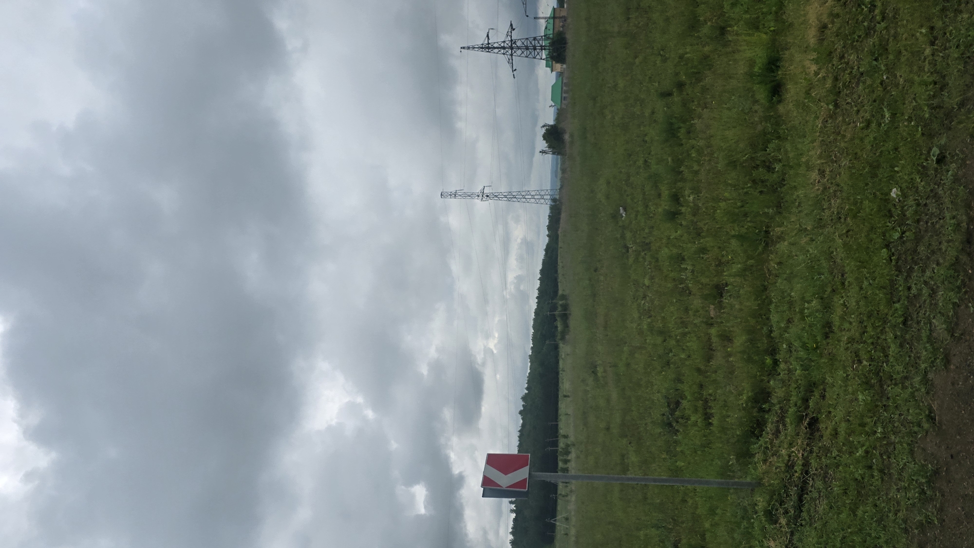 The image, captured in the vicinity of Актюбинский, Russia, presents an expansive outdoor scene under an overcast, uniformly grey sky with dense cloud cover. The foreground consists of a dark earthen strip at the bottom transitioning into an extensive field of green grass, characterized by varied textures and growth. On the far left, a grey metal post supports a partially visible square road sign; its face, angled towards the viewer, shows a white background with a prominent red chevron pointing left, indicating a sharp turn. The reverse side of the sign is dark grey or black. In the mid-ground, a dense line of dark green trees, forming a distant treeline or forest, spans the horizon from the left to the right. Two distinct lattice-structure electricity transmission pylons are visible on the right side of the frame. The taller, slender pylon is centrally located, extending high into the sky, while a second, broader pylon stands further to the right. Multiple power lines stretch horizontally across the frame, connecting these pylons and receding into the distance. Behind and to the right of the broader pylon, a cluster of buildings is partially visible, featuring prominent green roofs and light-colored walls. No individuals or animals are present in the scene.