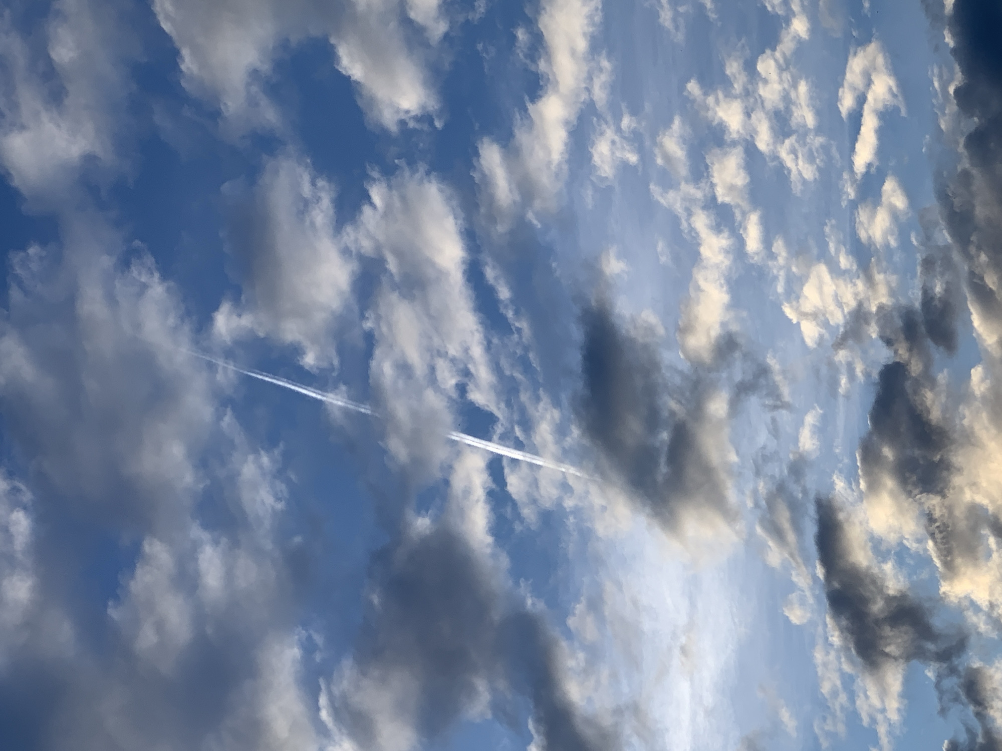 The image is a low-angle shot of a blue sky filled with scattered clouds. Two distinct white contrails from an aircraft are visible, crossing each other diagonally across the frame. The clouds vary in color from bright white to dark gray, suggesting different densities and altitudes. The lighting indicates it is daytime, possibly late afternoon or early morning given the contrast in cloud colors. There are no people, buildings, or other recognizable objects or landmarks present, making it impossible to determine a specific location within Prokopyevsk, Russia, or any city. The scene is solely focused on the sky and the atmospheric conditions.