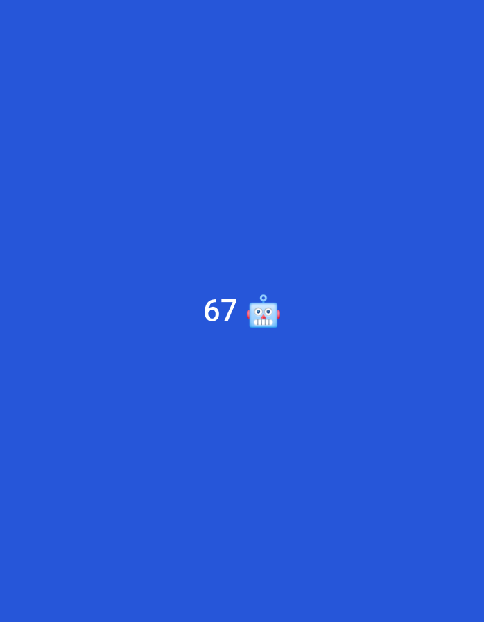 The image shows a blue background with the number "67" and a robot emoji in the center. There are no people, objects, actions, or interactions depicted in this image. There is no discernible location within the city of Homyel, Belarus, or any other city.
