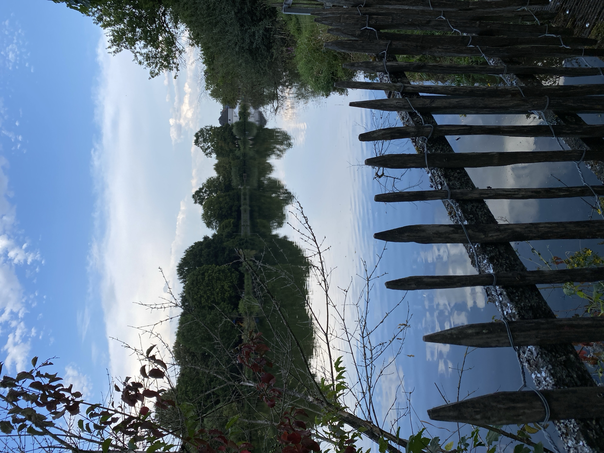 This is a full-frame, eye-level, outdoor, landscape photograph of a tranquil pond in Urbach, Germany. The image is dominated by the still, reflective water, which mirrors the cloudy blue sky and the lush green trees lining the opposite bank. In the foreground, a rustic wooden fence made of pointed stakes runs horizontally across the lower portion of the frame. The fence is weathered and shows signs of age, with some moss and lichen growing on the supporting beams. On the left side of the fence, a tree branch with sparse red leaves extends into the frame, adding a touch of autumnal color. The reflection in the water is sharp, creating a symmetrical composition with the sky and the foliage. A white building with a dark roof is visible in the distance, partially obscured by the trees. The overall mood of the image is peaceful and serene, capturing a quiet moment in nature.