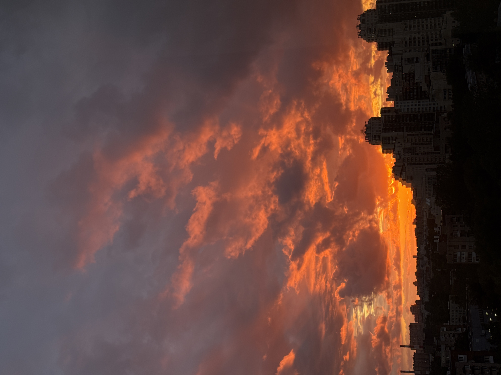 The image shows a city skyline under a dramatic sunset. The sky is filled with clouds tinged with fiery oranges, reds, and purples, with darker grey clouds interspersed. The sun is low on the horizon, casting a bright orange glow. In the foreground, the silhouettes of buildings and trees are visible against the vibrant sky. The architecture appears to be a mix of modern high-rises and older, lower buildings. The scene is likely captured from an elevated viewpoint, looking towards the west. The presence of industrial chimneys on the left suggests an urban, possibly industrial, area within the city. The overall impression is one of a powerful natural phenomenon occurring over a populated urban landscape. The specific location in Saint Petersburg, Russia cannot be determined from the image alone.