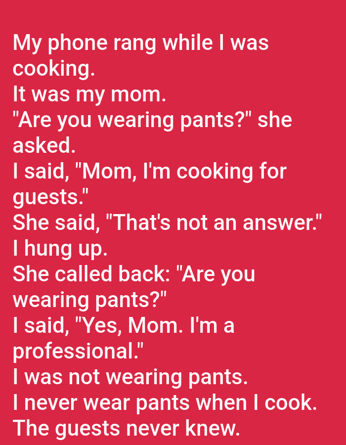The image is a screenshot of a text on a red background. The text tells a humorous anecdote. There are no people, subjects, objects, actions, or interactions depicted in the image. The environment is an abstract red background. There is no information in the image that indicates any location in the city of Kępno, Poland.