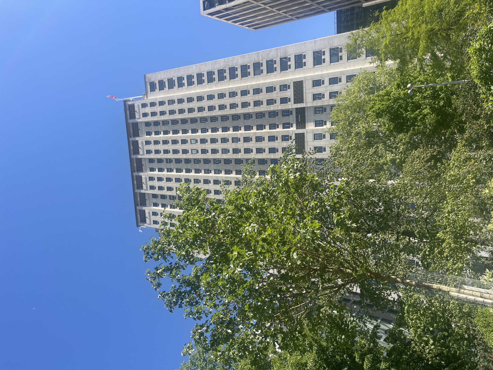 The image displays a tall, modern building with a light-colored facade, featuring numerous small, square windows arranged in a grid pattern across its many floors. The building appears to be made of concrete or stone. At its pinnacle, a flagpole holds a red, white, and blue flag, likely the Union Jack, which is visibly fluttering in a breeze. Above the main structure, the grid-patterned underside of a large, cantilevered section of another building is visible against the sky.
The foreground and lower right portion of the scene are filled with lush, green deciduous trees, their dense foliage partially obscuring the building. Amidst the trees, a grey street lamp pole with two spherical light fixtures can be seen. Deeper within the tree canopy, a distinct cylindrical structure, possibly a walkway or covered pipe, is visible horizontally, appearing to be made of a transparent or mesh material.
The sky is a clear, bright blue, indicating a sunny day, likely mid-morning or afternoon. The overall impression is one of a vibrant urban environment. The presence of the Union Jack flag and the architectural style are consistent with the provided location context of London, United Kingdom. No people or visible text are present in the image.