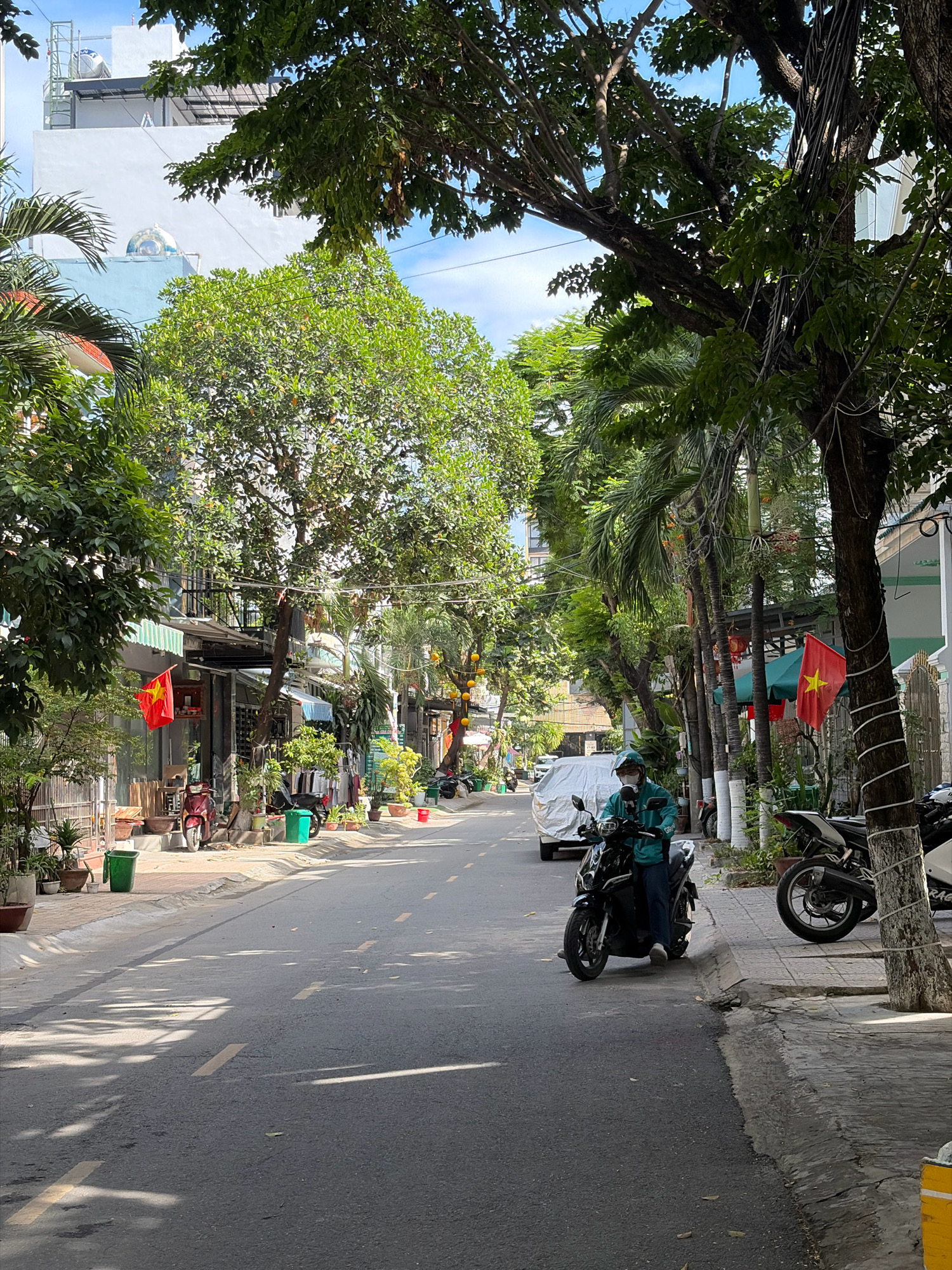 The image depicts a street scene in Da Nang, Vietnam. The street is paved and lined with buildings on both sides, featuring a mix of residential and commercial establishments. Large trees with dense foliage cast shadows on the road, creating a dappled effect. On the left side of the street, there are shops with awnings, potted plants, and Vietnamese flags displayed. A red scooter is parked in front of one of the shops.
On the right side of the street, a person wearing a teal jacket, a helmet, and a face mask is riding a black scooter. The person appears to be a delivery driver. Parked motorcycles and bicycles are visible along the sidewalk. In the background, more buildings and trees are present, with a bright blue sky overhead. The overall impression is one of a typical urban street in Southeast Asia on a sunny day.