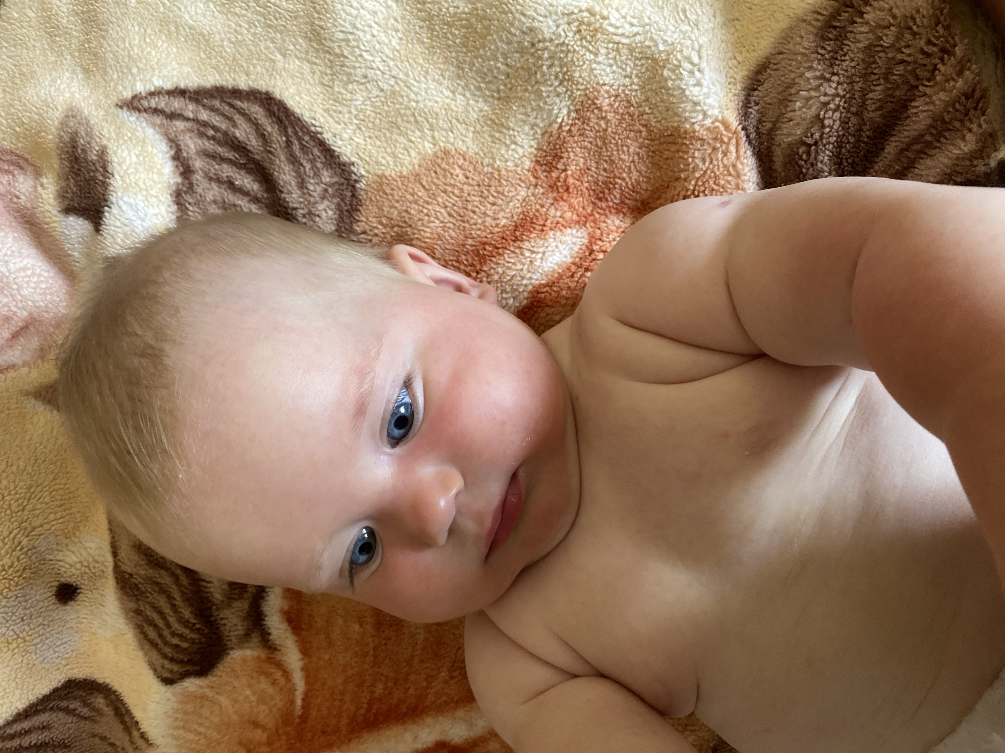 A close-up shot shows a baby's face and chest. The baby has fair skin, light blonde hair, and striking blue eyes. Their cheeks are flushed with a rosy hue. The baby is lying on a textured blanket with a pattern of brown and orange floral motifs. The lighting is soft, casting gentle shadows on the baby's skin and highlighting the contours of their body.
