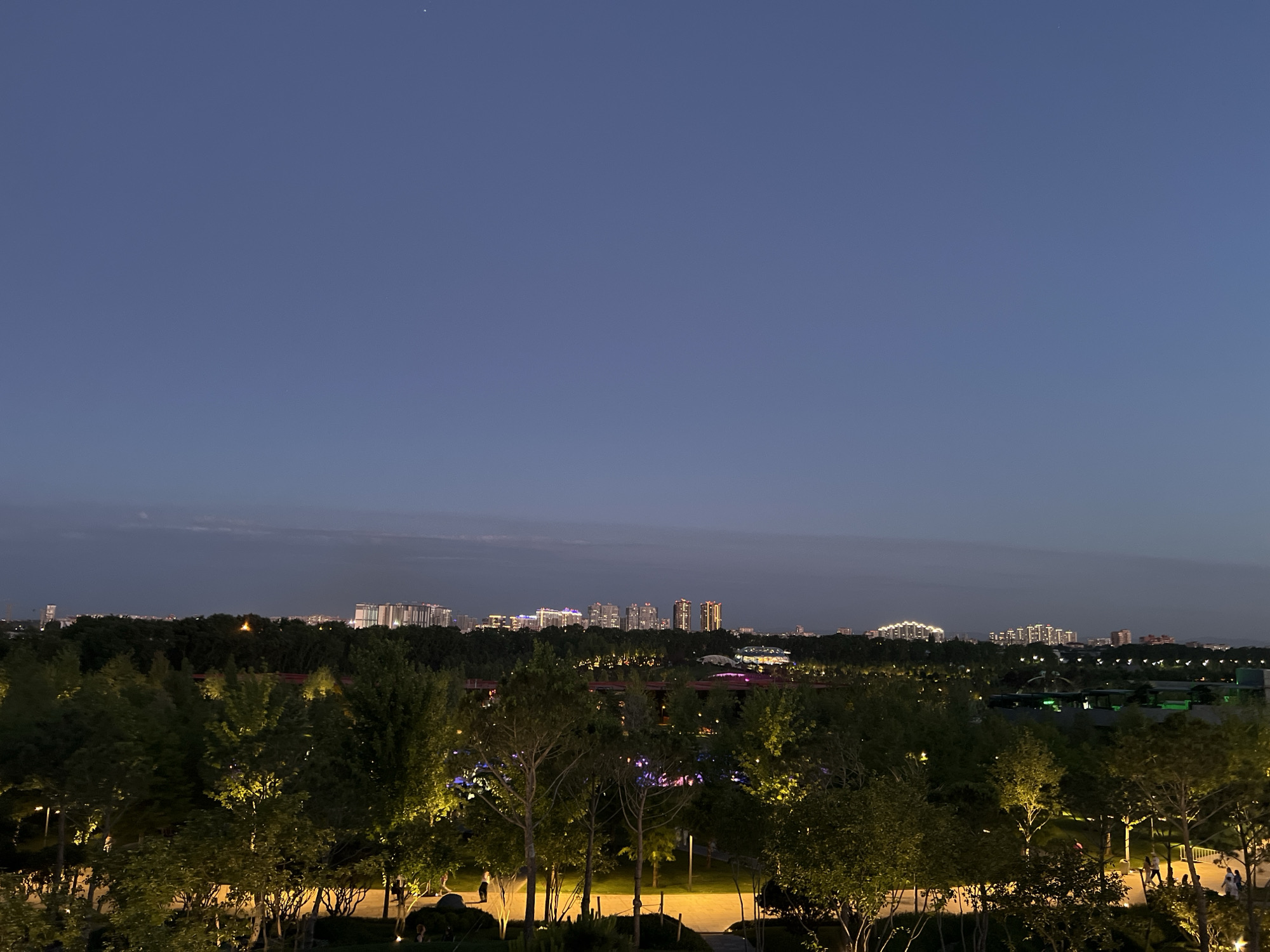 The image depicts a twilight view of the park "Krasnodar" in the city of Krasnodar, Russia. In the foreground, lush green trees are illuminated by warm, yellow lights, creating a park-like atmosphere. Pathways are visible, and a few individuals can be seen strolling. In the middle ground, more trees and vegetation are present, with glimpses of colorful lights, possibly from illuminated structures or art installations. In the background, a distant cityscape is visible with numerous illuminated buildings, forming a skyline against the darkening sky. The sky is a deep blue, transitioning into a lighter hue near the horizon, with a faint line of clouds. A single star or distant light is visible in the upper portion of the sky.