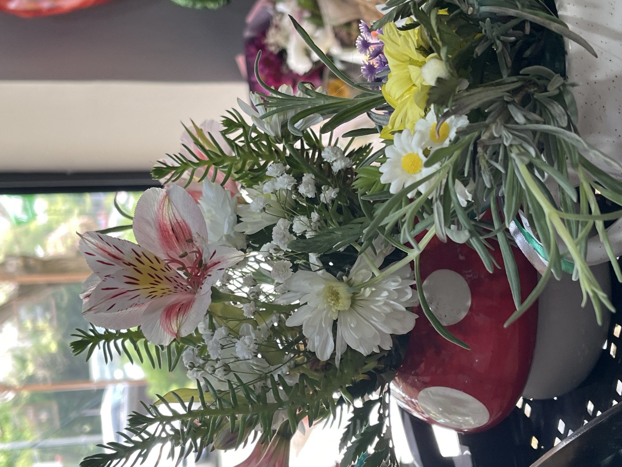 The image depicts a floral arrangement inside a red and white mushroom-shaped container. The flowers are a mix of white alstroemeria, small white chrysanthemums, baby's breath, yellow chrysanthemums, and purple flowers. There are also green fronds and lavender stems. The arrangement is located indoors, near a window. Outside, a blurred scene indicates trees and buildings. Based on the angle and lighting, it's plausible that the image was taken inside a shop or residence in the city of Burgas, Bulgaria.