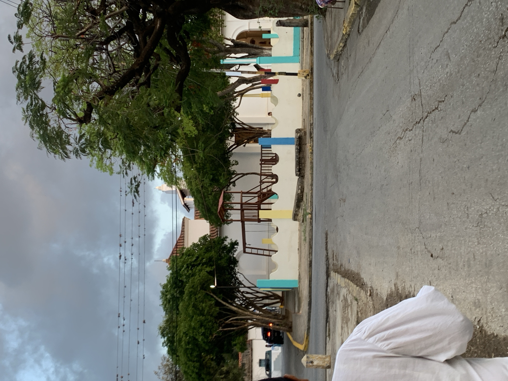 A street scene in Santa Ana, Venezuela, shows a low, white wall with colorful vertical posts and a small playground structure. A person wearing a white shirt is visible in the foreground, facing away from the camera. Behind the wall, a white building with a red-tiled roof and arched doorways is partially obscured by trees. A black vehicle with its brake lights illuminated is parked on the left side of the street. Power lines with multiple small objects hanging from them stretch across the sky, which is overcast with gray clouds. The road in the foreground is cracked and aged, with a yellow curb.