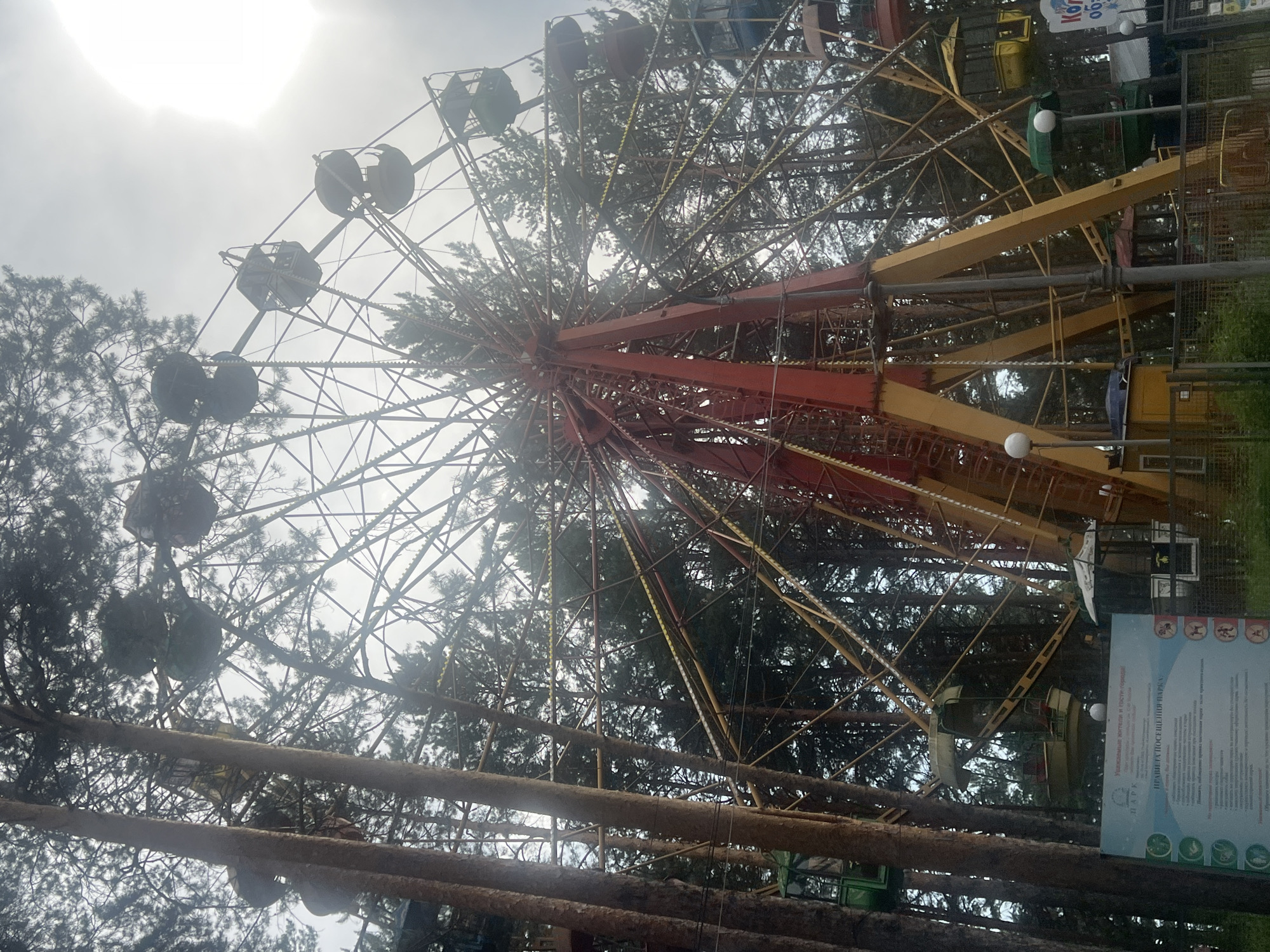 The image depicts a Ferris wheel located in Zheleznogorsk, Russia. The Ferris wheel is red and yellow and is surrounded by tall pine trees. Several cabins of the Ferris wheel are visible, some of which are green and yellow. The sky is overcast with the sun partially visible through the clouds, creating a bright, hazy effect. In the foreground, there is a sign with Russian text and several icons. The overall scene suggests an amusement park or recreational area within a forested environment.