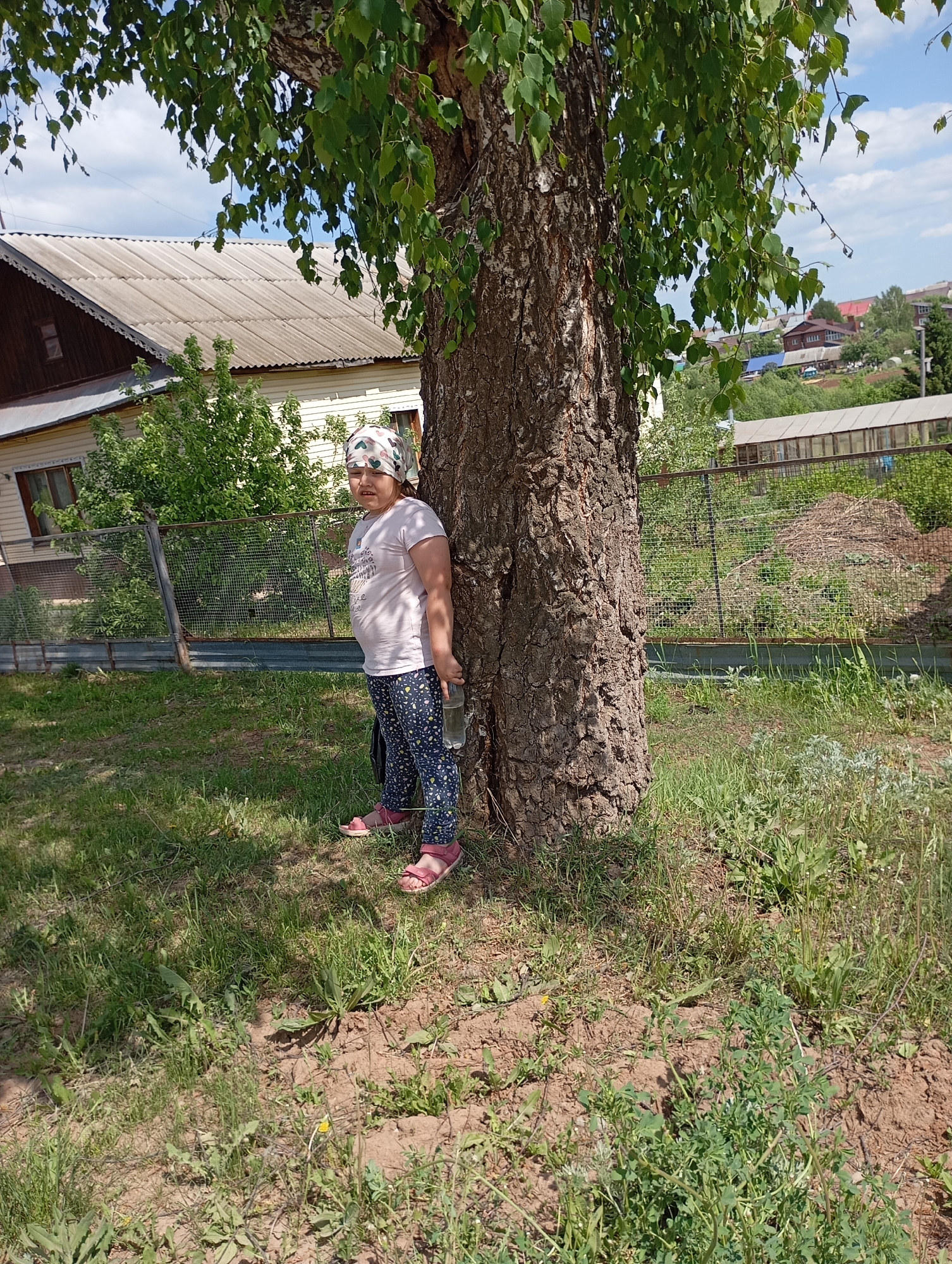 A girl with a headscarf is standing next to a tree holding a water bottle outdoors in the Unknown, Unknown area. The girl has light skin, wears a white t-shirt with an indistinct graphic, patterned leggings, and pink sandals. She stands next to a large tree with dark bark and green leaves. Behind the tree, there is a chain-link fence, green foliage, and a view of houses on a hill. To the left of the tree, a house with a white exterior and a dark grey roof is visible, partially obscured by greenery. The ground is covered in a mix of grass and bare earth. The scene is illuminated by natural daylight.