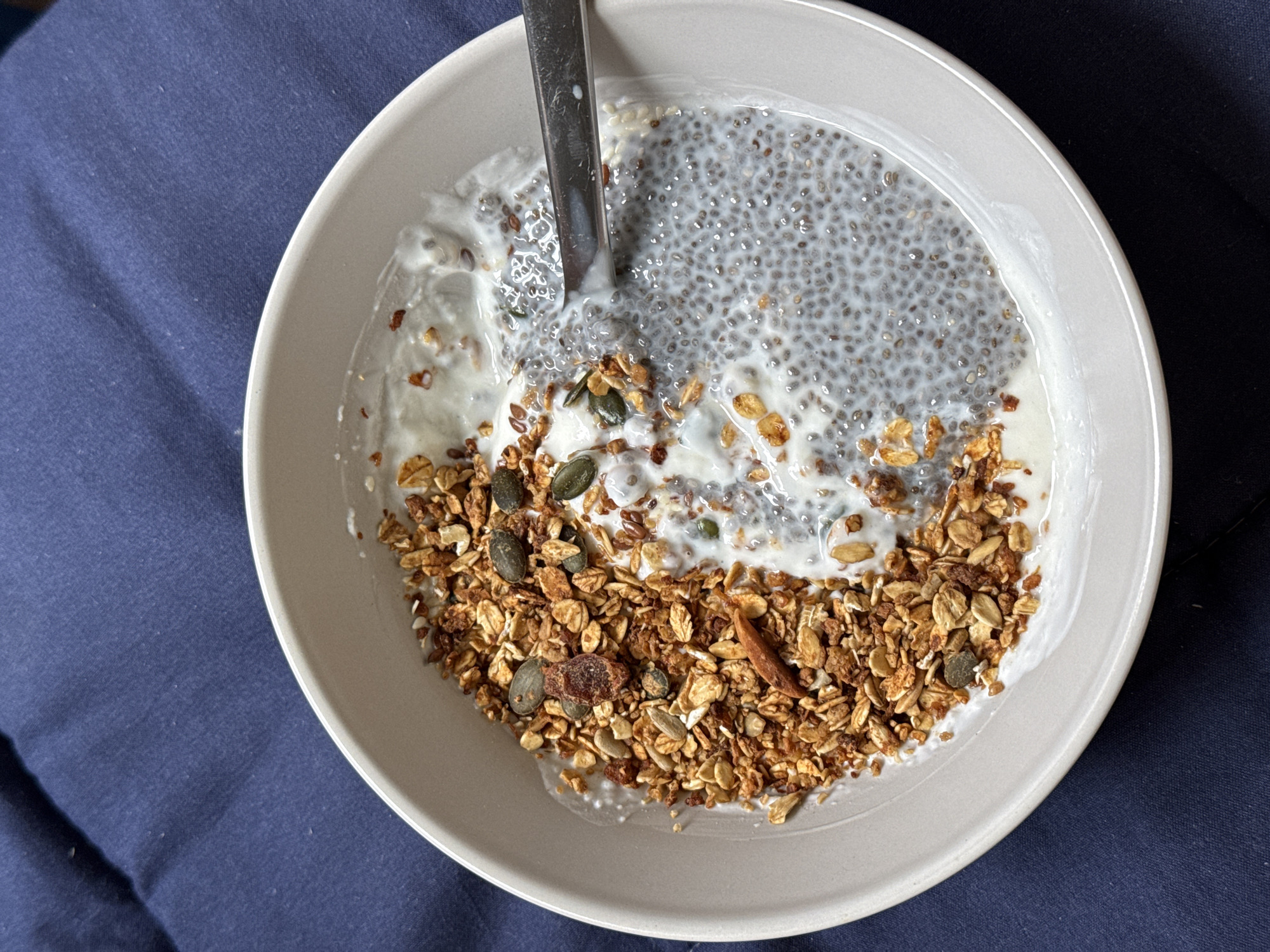 A top-down, medium shot shows a bowl of food on a dark blue surface. The bowl is light gray and contains granola, yogurt, and chia seeds. A spoon is partially visible in the upper-left quadrant, submerged in the food. The chia seeds form a distinct layer at the top. The granola is concentrated in the bottom half of the bowl and contains pumpkin seeds and a cinnamon stick. No people are visible. The location is not identifiable as Tel-Aviv, Israel based on the provided image.