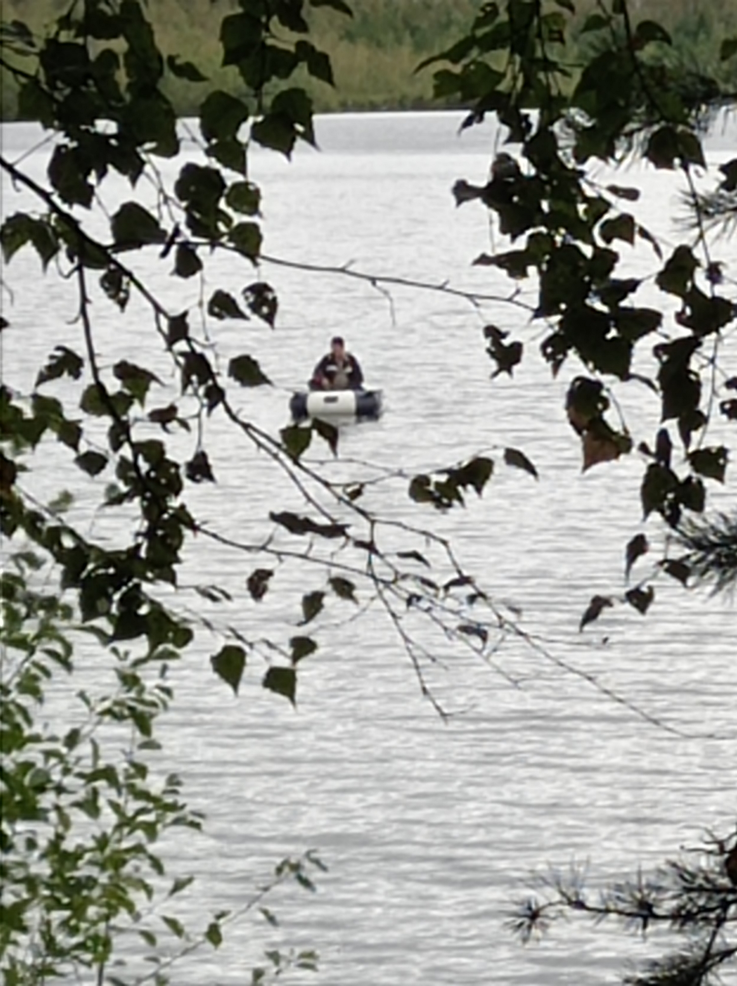 A person is visible in a small inflatable boat on a body of water. The boat is white with a dark blue or black stripe. The person is wearing a jacket and appears to be seated. The water is calm and reflects the sky, creating a slightly textured surface. The foreground is dominated by dark green foliage, obscuring parts of the scene and suggesting the viewer is looking through trees or branches. The background shows a hazy treeline. The location is identified as a body of water in Degtyarsk, Russia.